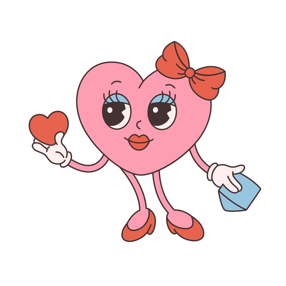 Trendy retro cartoon heart character. Groovy style, vintage, 70s 60s aesthetics. Valentines day. vector