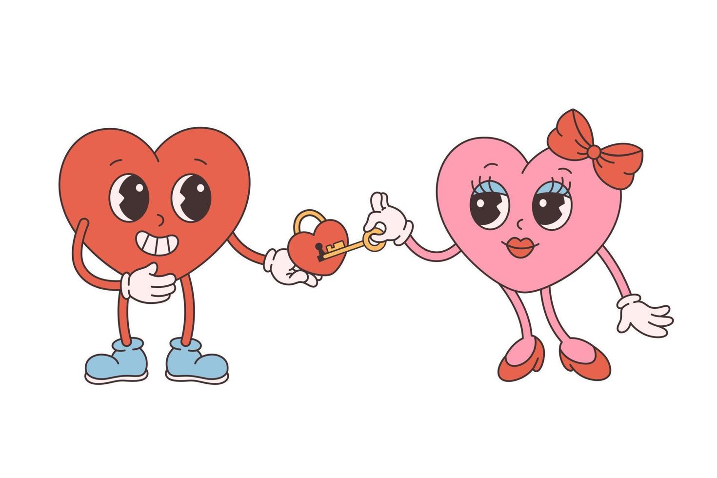 Trendy retro cartoon heart characters. Groovy style, vintage, 70s 60s aesthetics. Happy Valentines day. vector