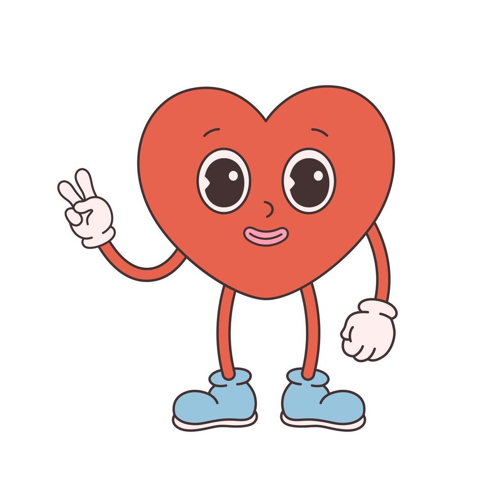 Trendy retro cartoon heart character. Groovy style, vintage, 70s 60s aesthetics. Valentines day vector