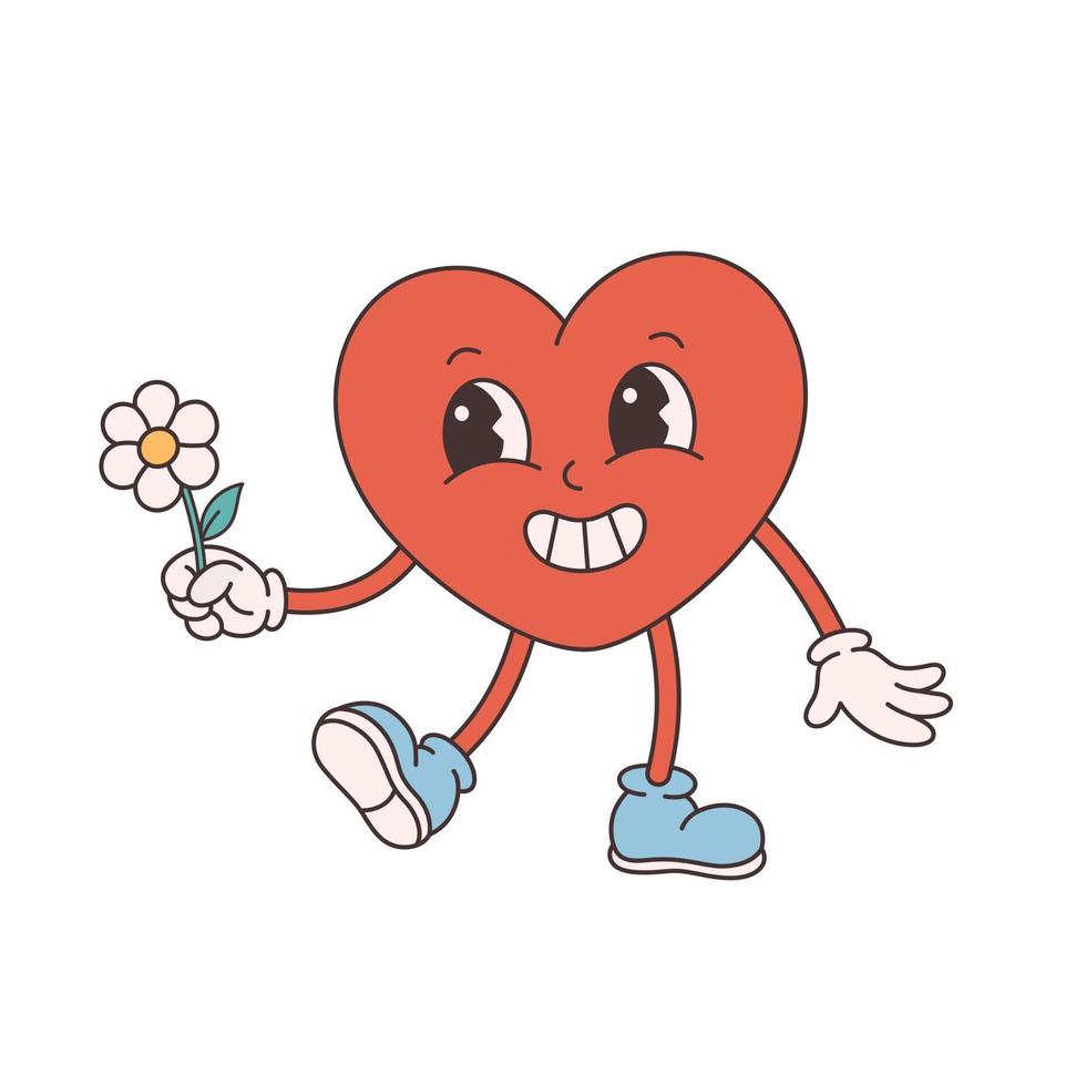 Trendy retro cartoon heart character. Groovy style, vintage, 70s 60s aesthetics. Valentines day. vector