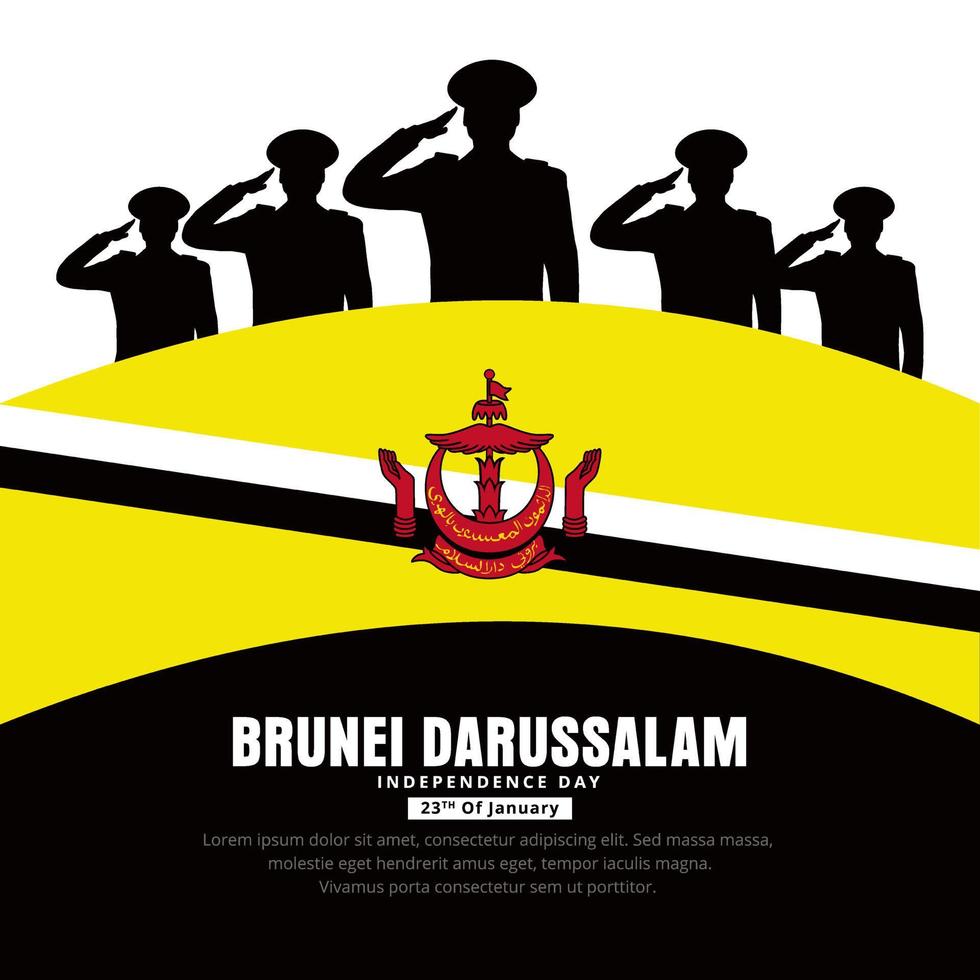 feliz diseño del día de la independencia de brunei darussalam con silueta de soldados y vector de bandera ondulada.