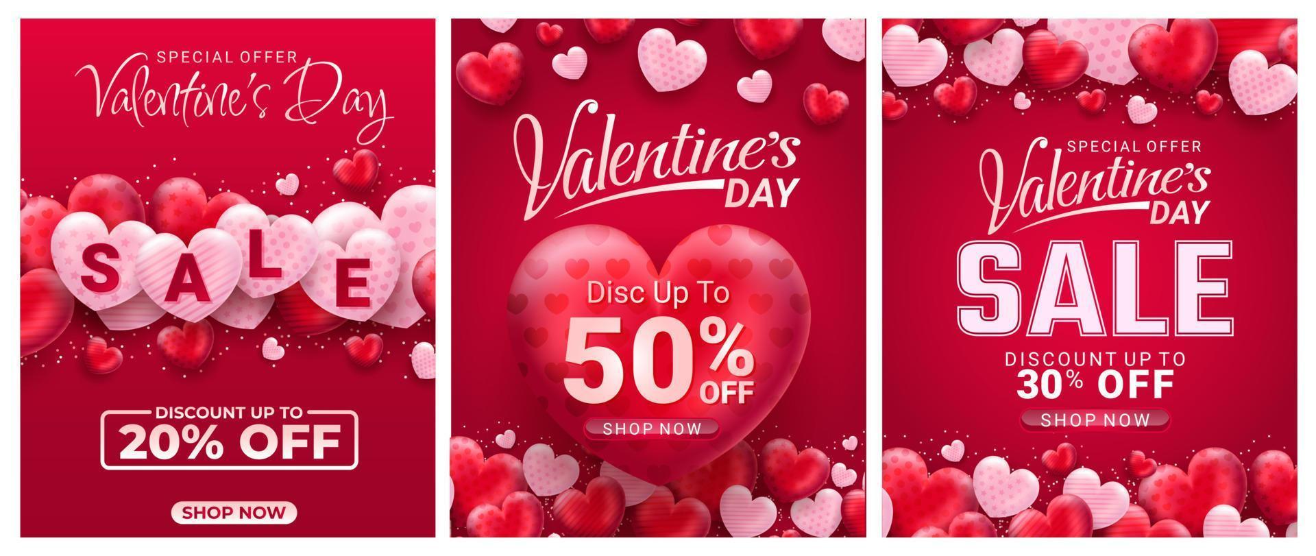 venta oferta especial feliz día de san valentín fondo de saludo, conjunto de fondos abstractos con amor y patrón de color rosa para pancarta, afiche, plantillas de diseño de portada, historia de papel tapiz de alimentación de medios sociales vector