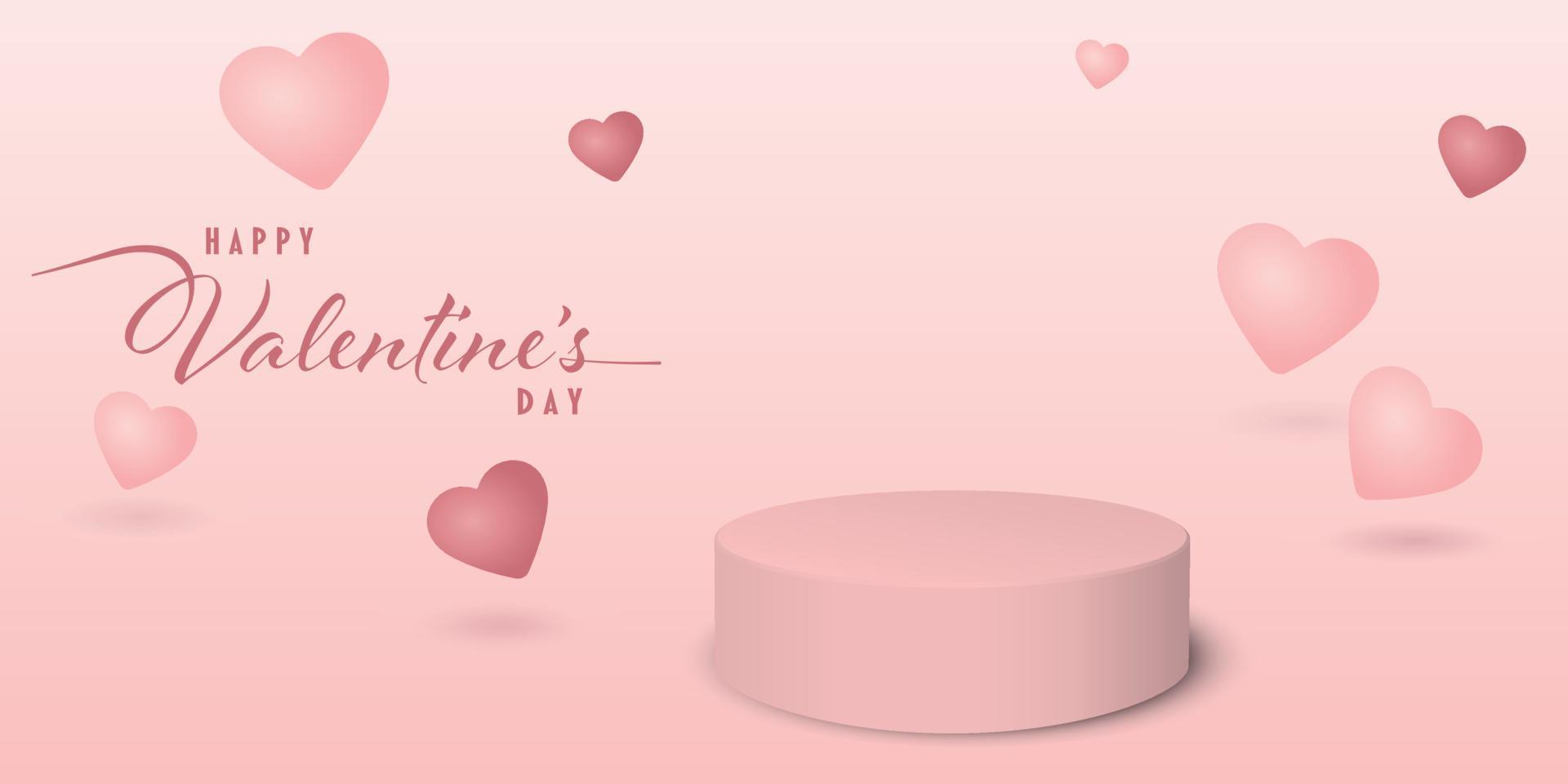 feliz día de san valentín con podio en blanco para la presentación del producto y globos de corazón rosa flotando sobre fondo rosa. tarjeta de felicitación del día de san valentín. vector