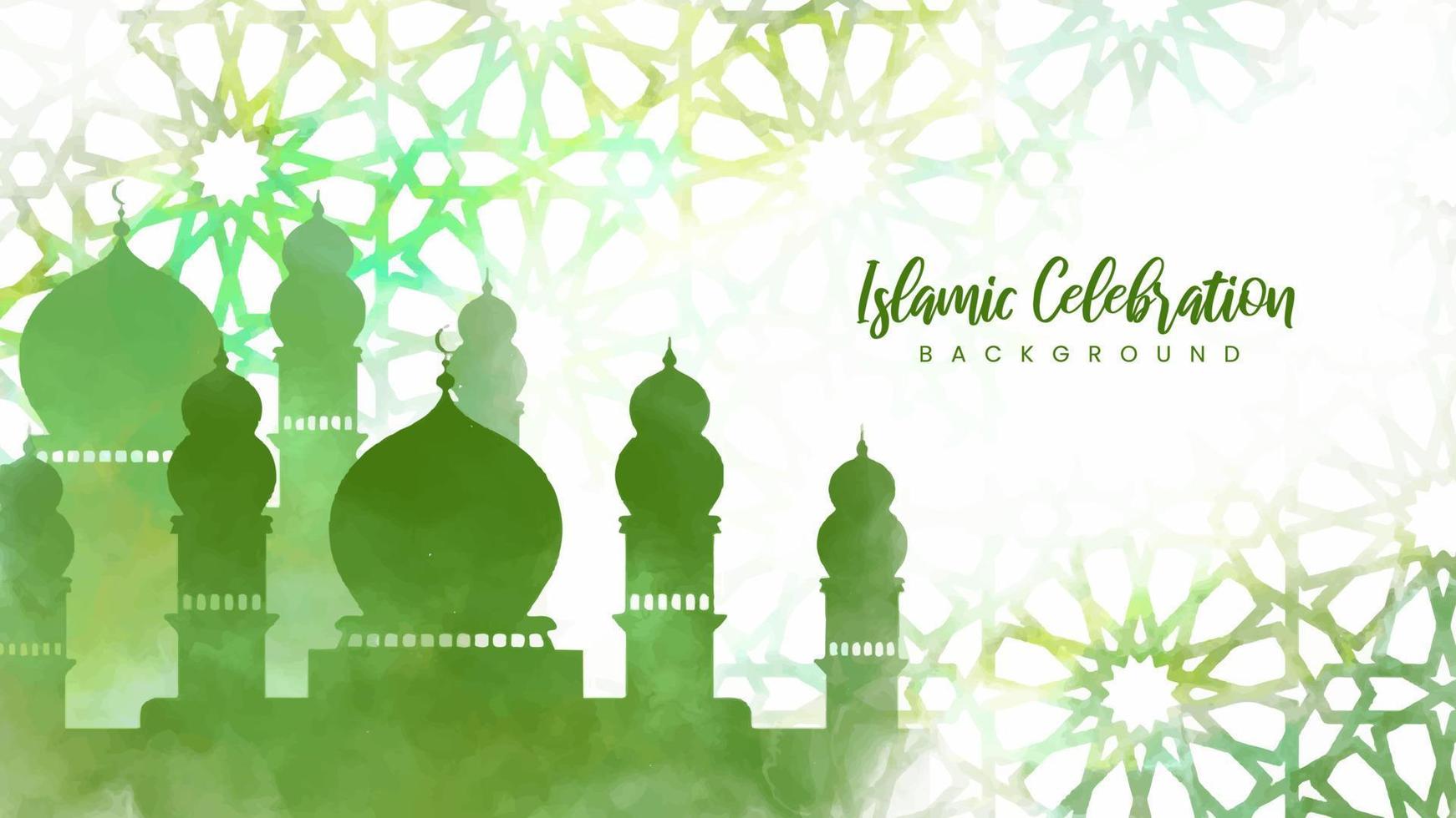 Ramadan watercolor background with mosque silhouette. Beautiful Arabic pattern with gradient colors. Hand-drawn Islamic celebration background vector