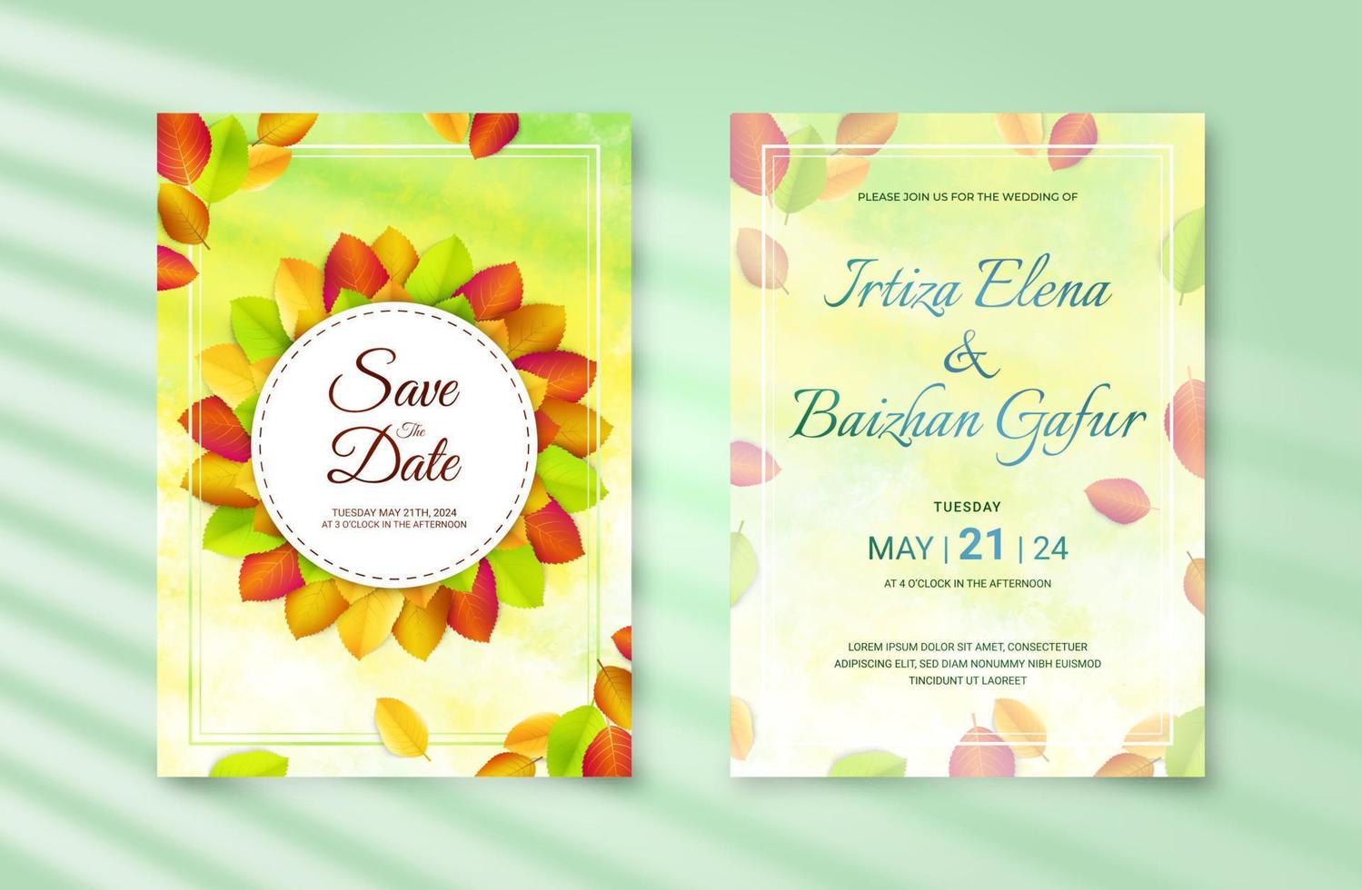 hermosa invitación de boda con corona de hojas realistas. plantilla de invitación estética con hermosa decoración vector