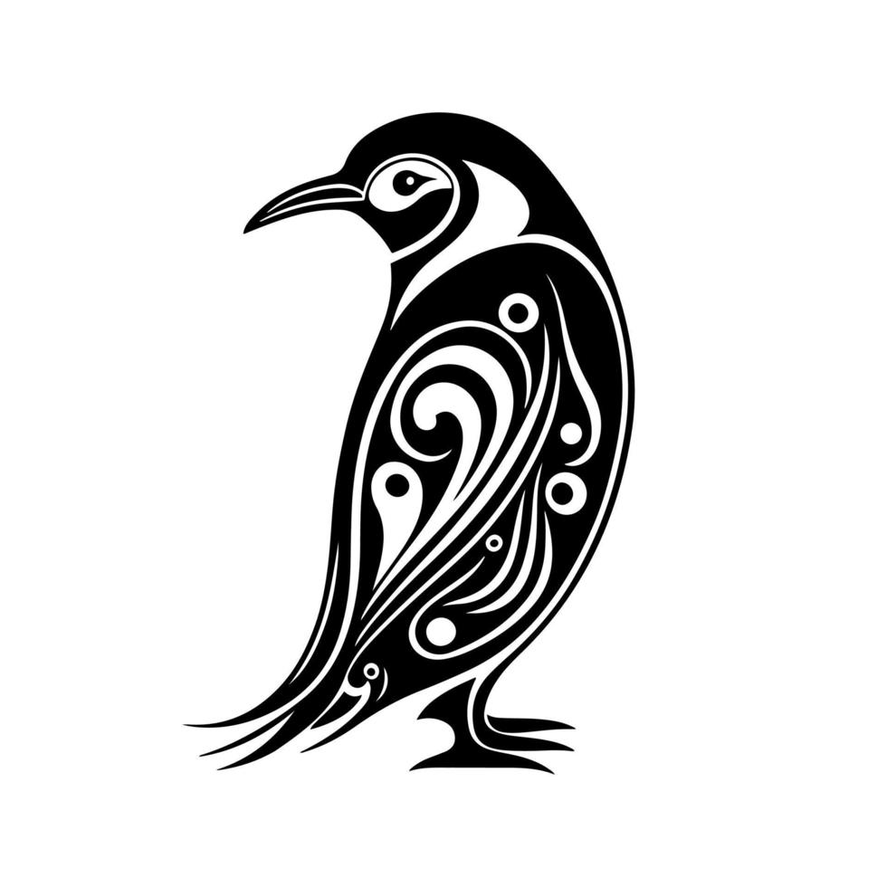 A cute, ornate penguin. Decorative, monochrome illustration for logo, emblem, mascot, embroidery, wood burning, crafting. vector