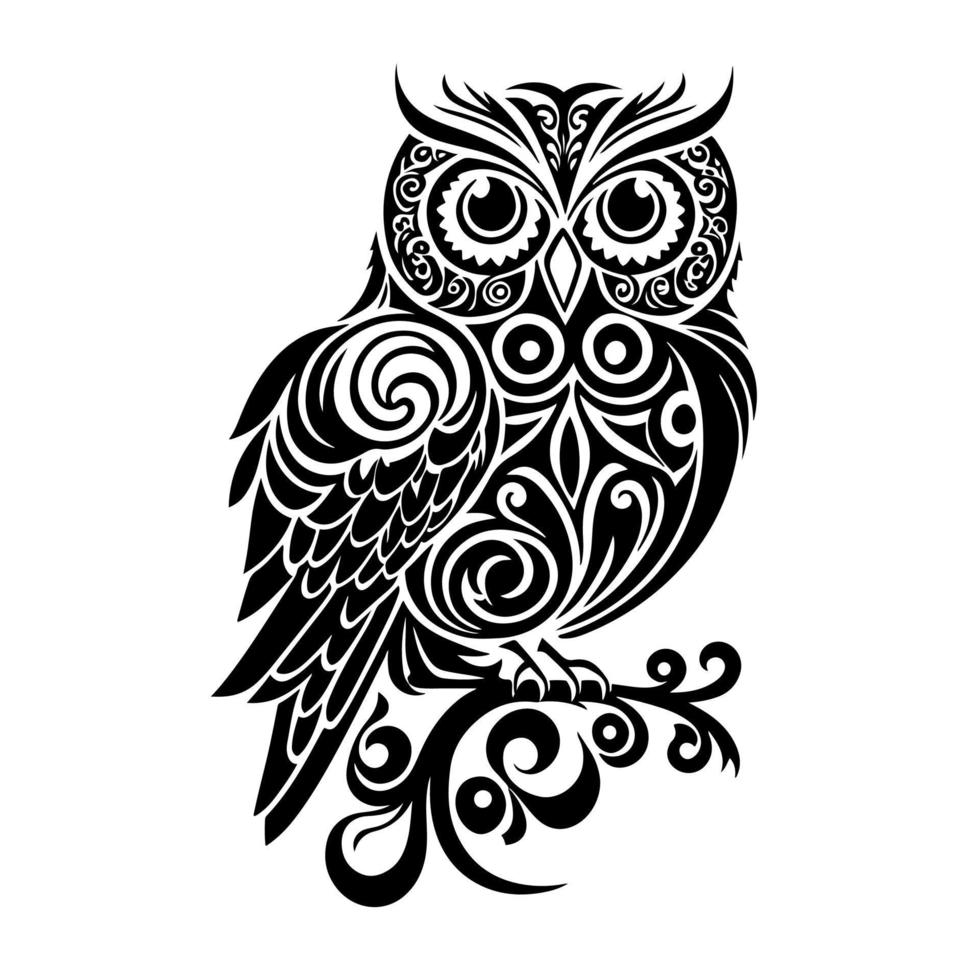 Ornamental owl on the tree branch. Monochrome vector for logo, emblem, mascot, embroidery, woodburning, crafting.