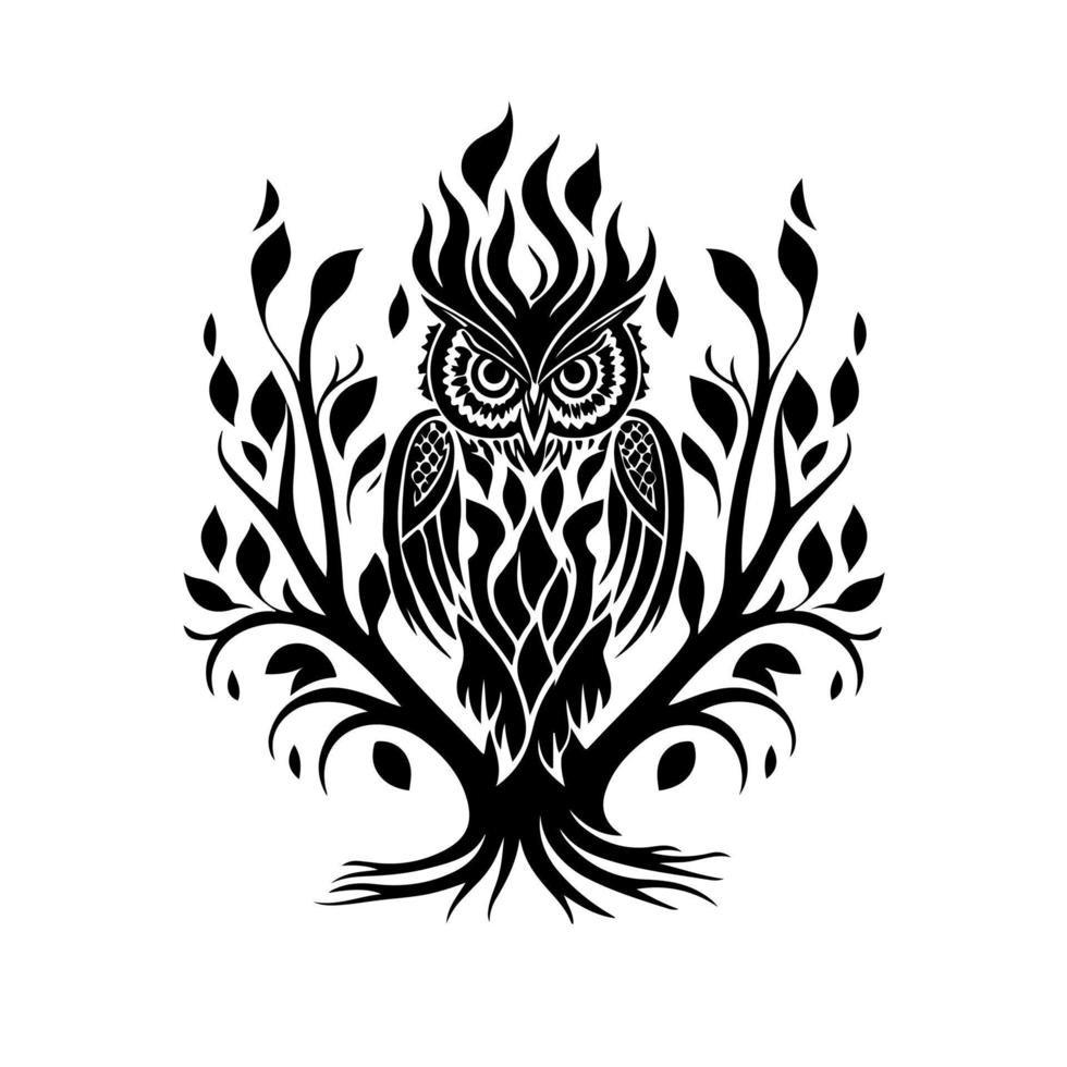 Ornamental owl on the small tree. Monochrome vector for logo, emblem, mascot, embroidery, woodburning, crafting.