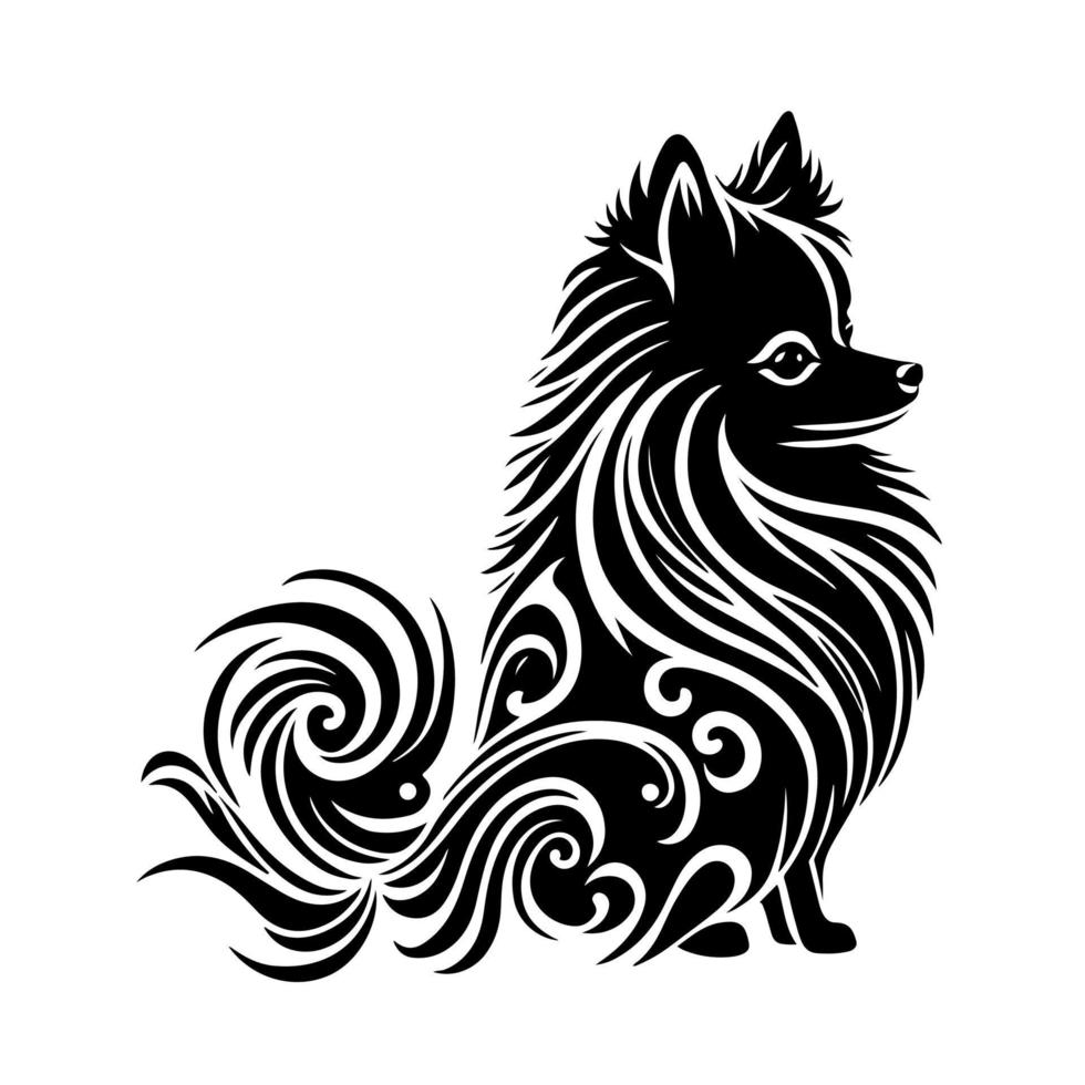 Ornate sitting Pomeranian dog. Decorative illustration for logo, emblem, sign, embroidery, nameplate, sublimation. vector