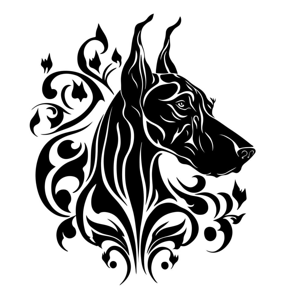 Ornate Great Dane dog portrait. Monochrome vector for logo, emblem, mascot, embroidery, woodburning, crafting.