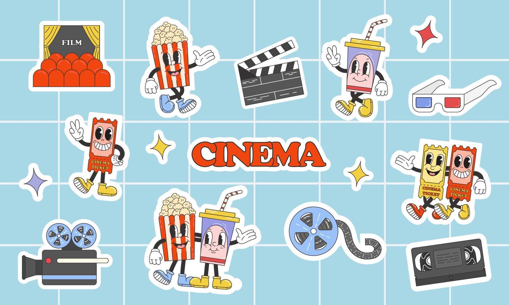 conjunto de pegatinas del personal del cine en la ilustración de estilo de dibujos animados retro de moda, colección de arte vectorial de carácter vintage. vector