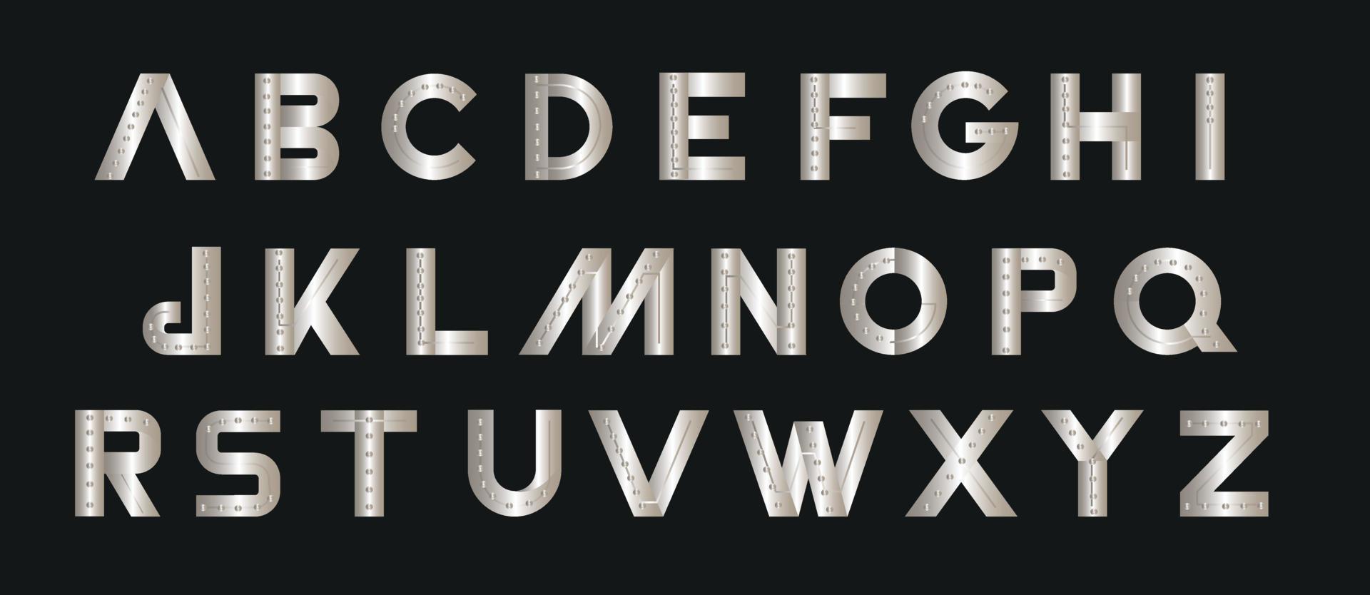 fuente de letras del alfabeto metálico plateado vector