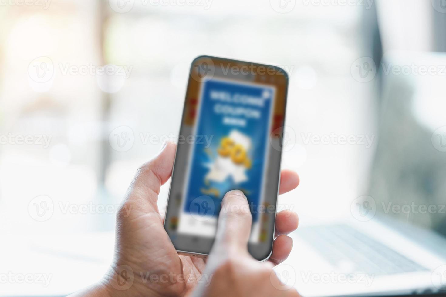 Business woman using smart phone with social network service or SNS, Social media concept. Woman using laptop computer and staying at home for online marketing business. social media business. photo