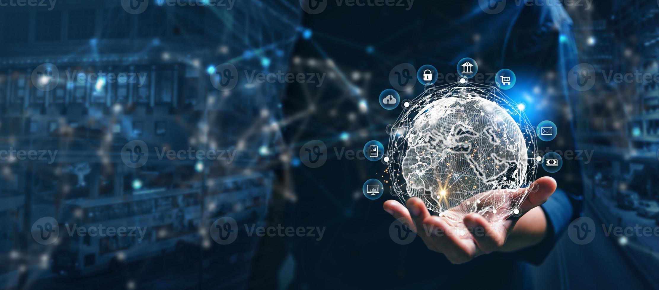 Big data analytics and business intelligence concept. Business person holding Global network connection. World map point and line composition of global business. Digital link tech. modern strategy. photo