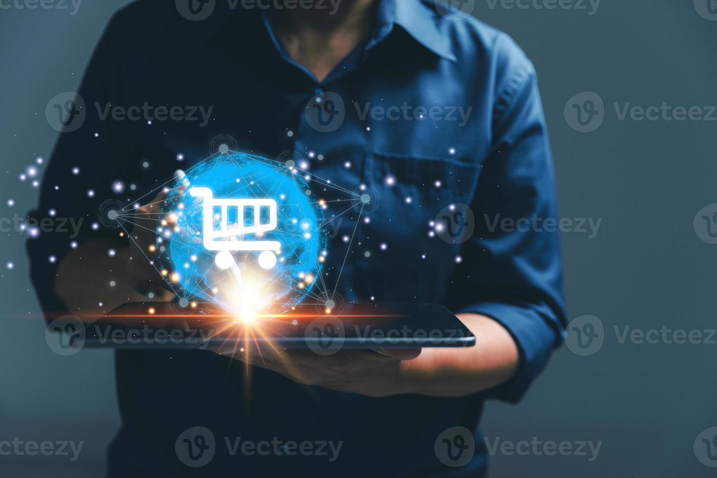 Big data analytics and business intelligence concept. Business person holding Global network connection. World map point and line composition of global business. Digital link tech. modern strategy. photo