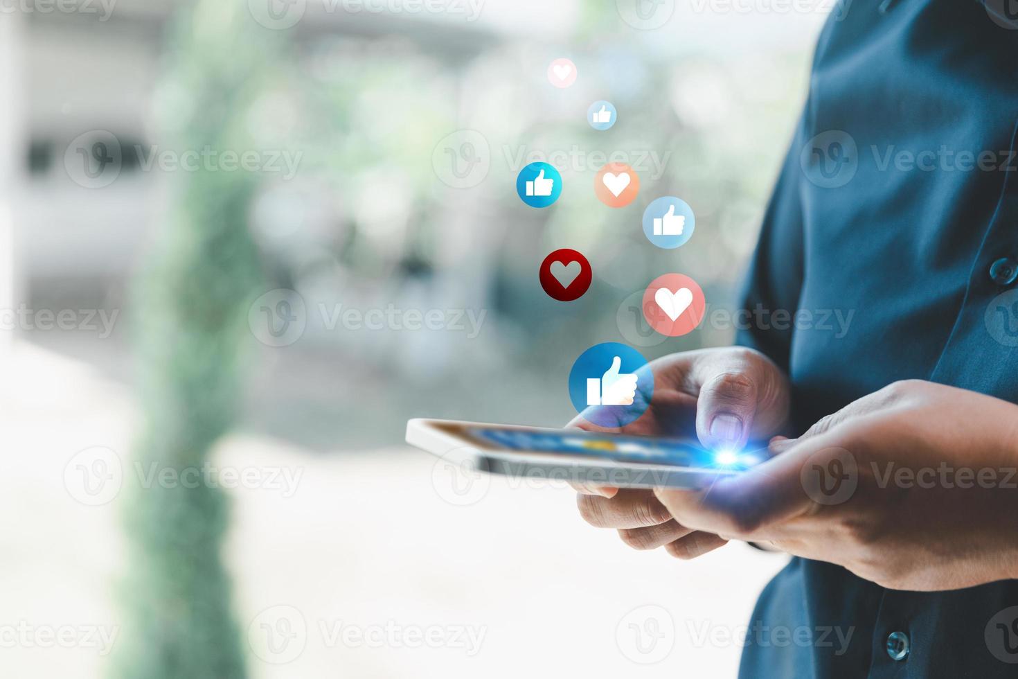 Business woman using digital smart phone, Social media concept. Person hand touching smartphone screen chatting in online app. Women use online media networks for marketing. photo