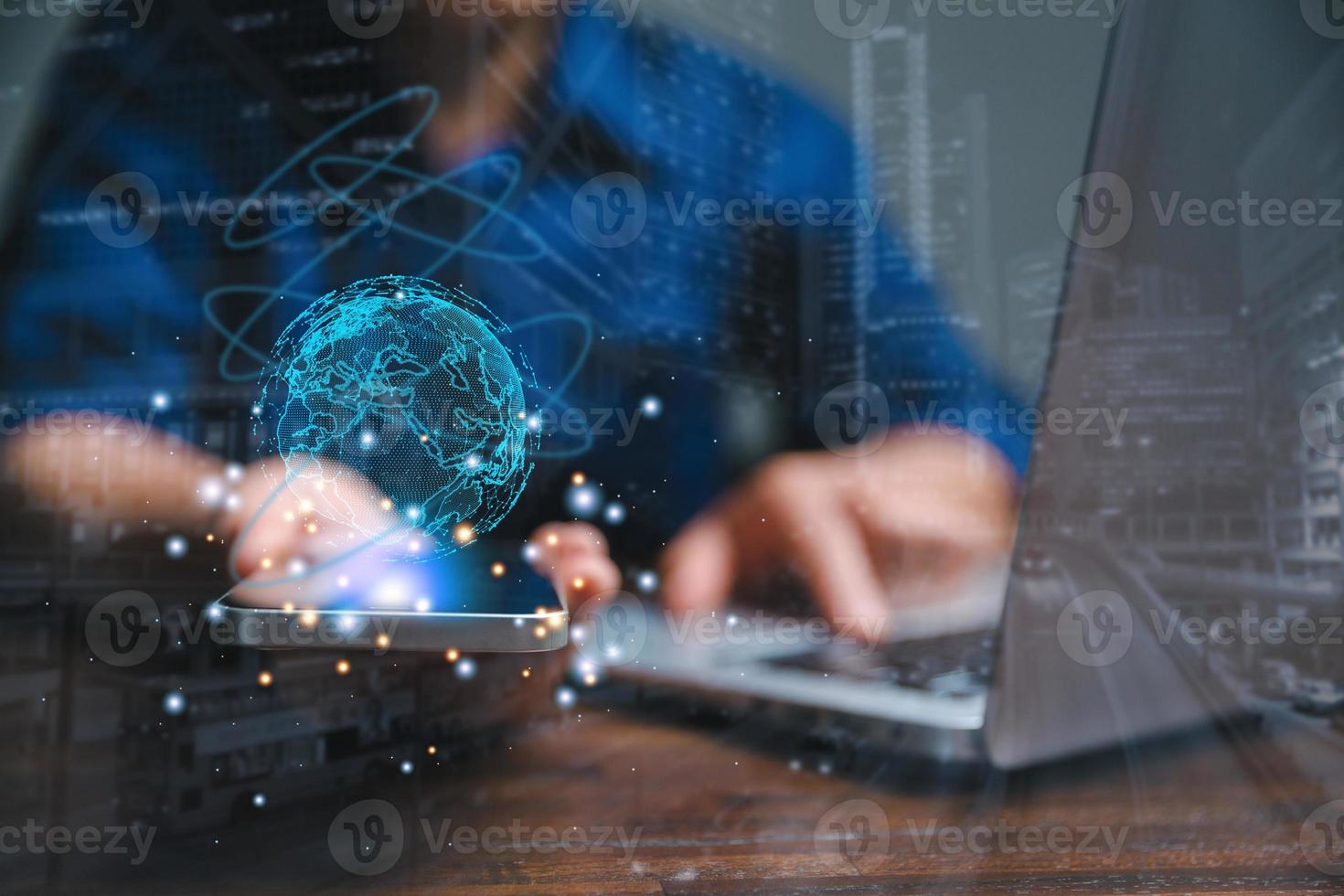 Big data analytics and business intelligence concept. Business person holding Global network connection. World map point and line composition of global business. Digital link tech. modern strategy. photo