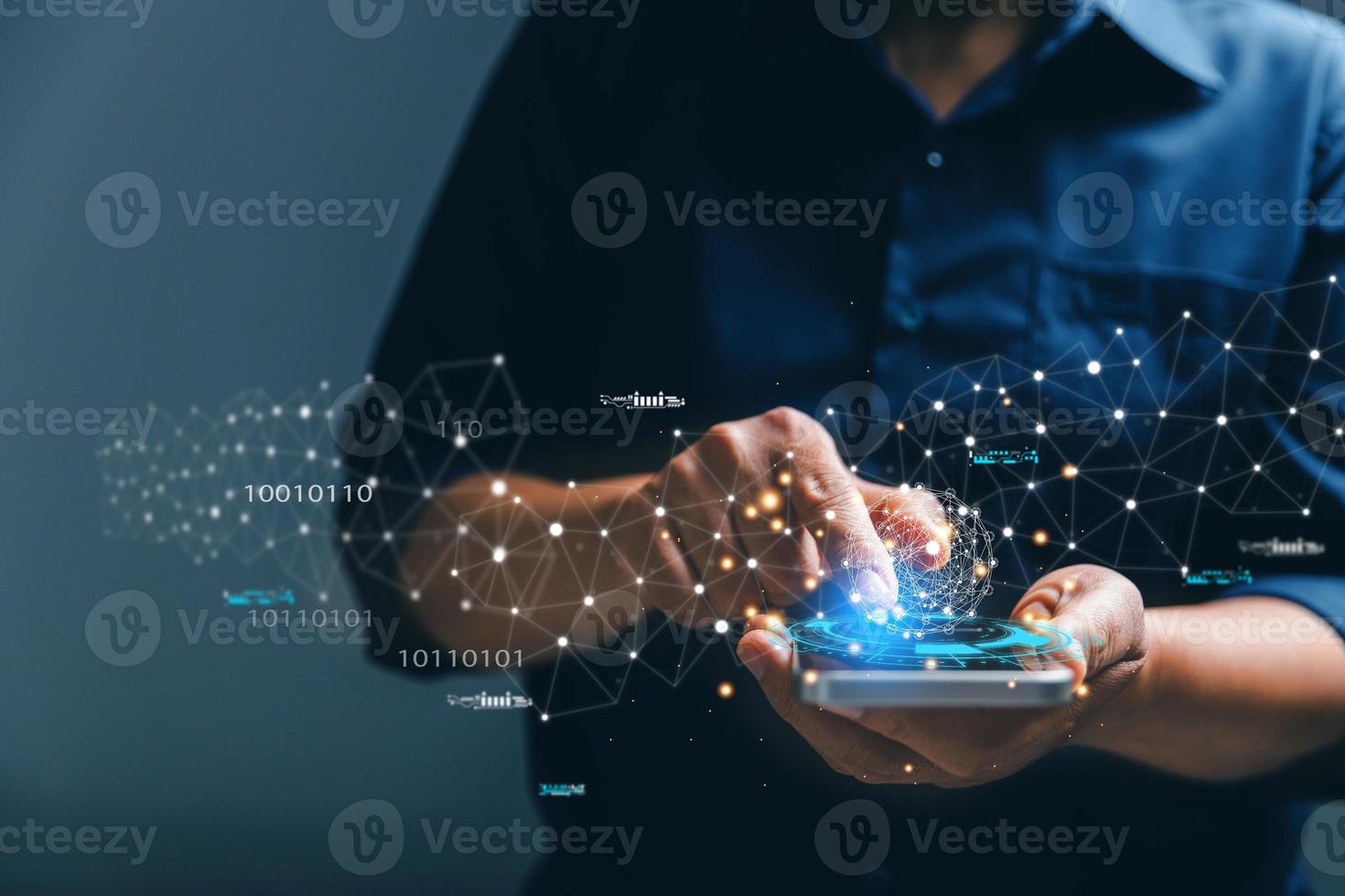 Big data analytics and business intelligence concept. Business person holding Global network connection. World map point and line composition of global business. Digital link tech. modern strategy. photo