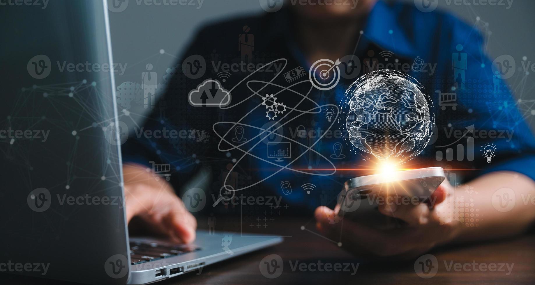 Big data analytics and business intelligence concept. Business person holding Global network connection. World map point and line composition of global business. Digital link tech. modern strategy. photo