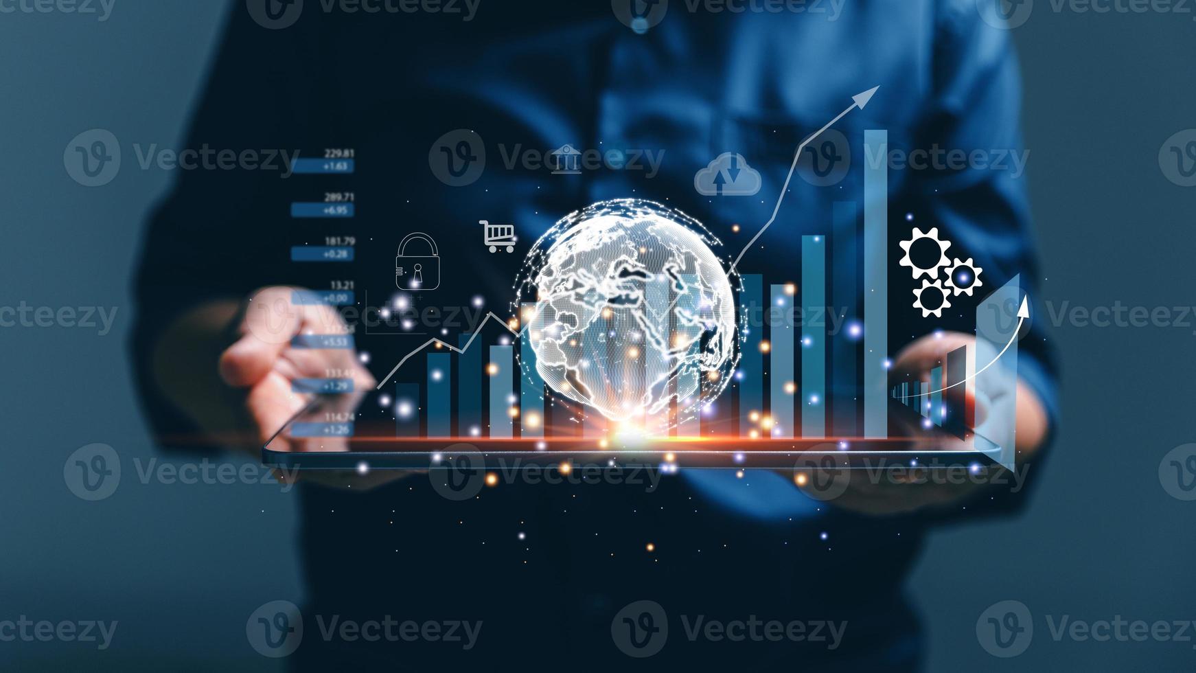 Big data analytics and business intelligence concept. Business person holding Global network connection. World map point and line composition of global business. Digital link tech. modern strategy. photo