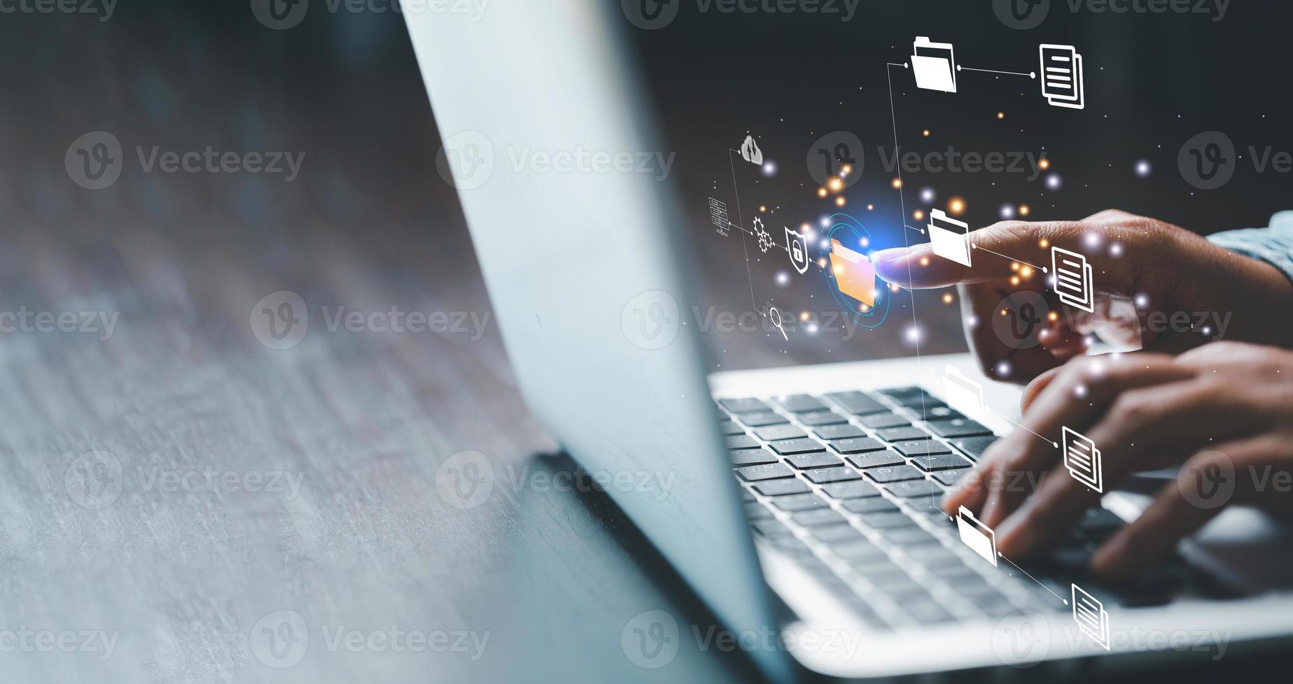 Online documentation database and process automation to efficiently manage files, IT staff working with Document Management SystemDMS, Corporate business technology. Cognition on modern management. photo