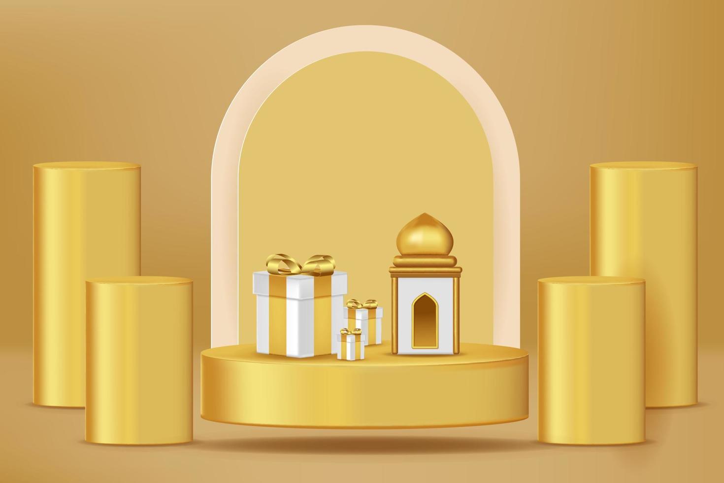 Realistic 3d Islamic celebration with islamic ornament and product podium. Vector 3D Illustration