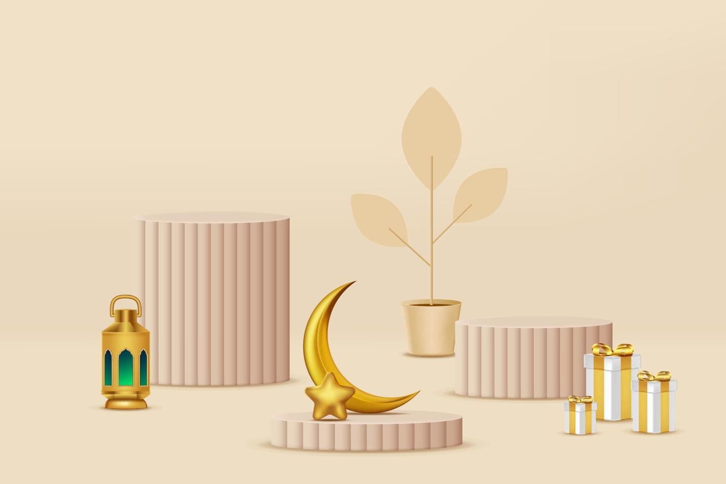 Realistic 3d Islamic celebration with islamic ornament and product podium. Vector 3D Illustration