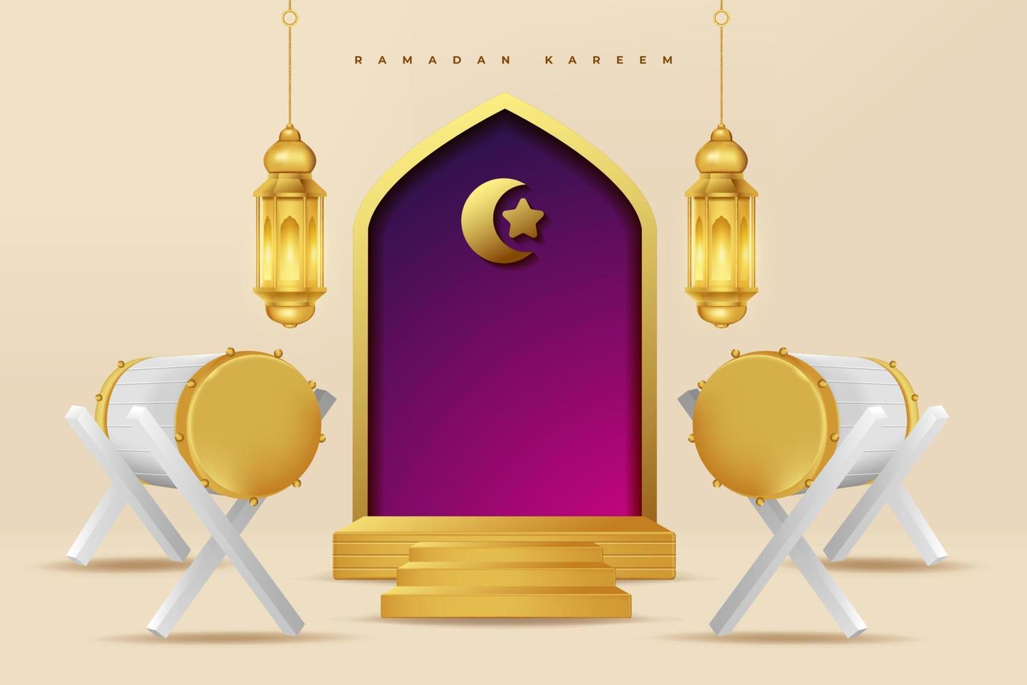 Realistic 3d Islamic celebration with islamic ornament and product podium. Vector 3D Illustration