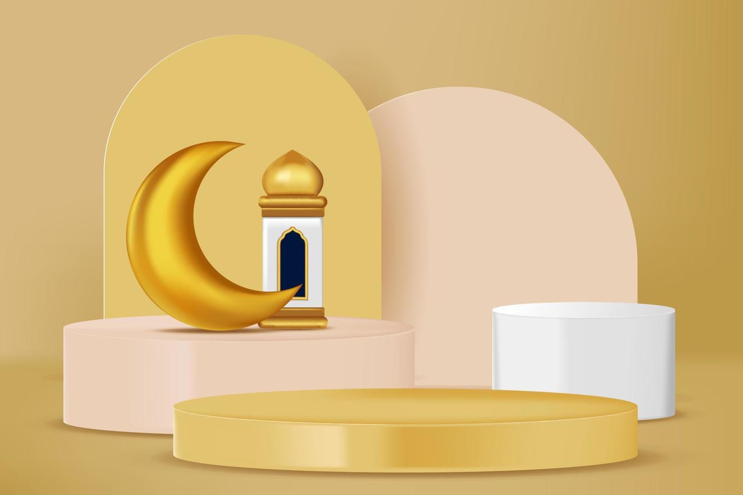 Realistic 3d Islamic celebration with islamic ornament and product podium. Vector 3D Illustration