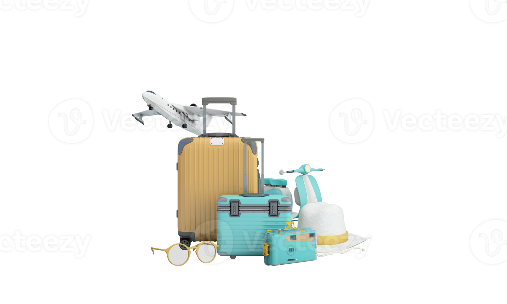 Travel and adventure and departure concept In summer, surrounded by luggage, camera, sunglasses, hat with scooter car and airplane and world map. pastel tones on web banner form. cartoon -3d render png