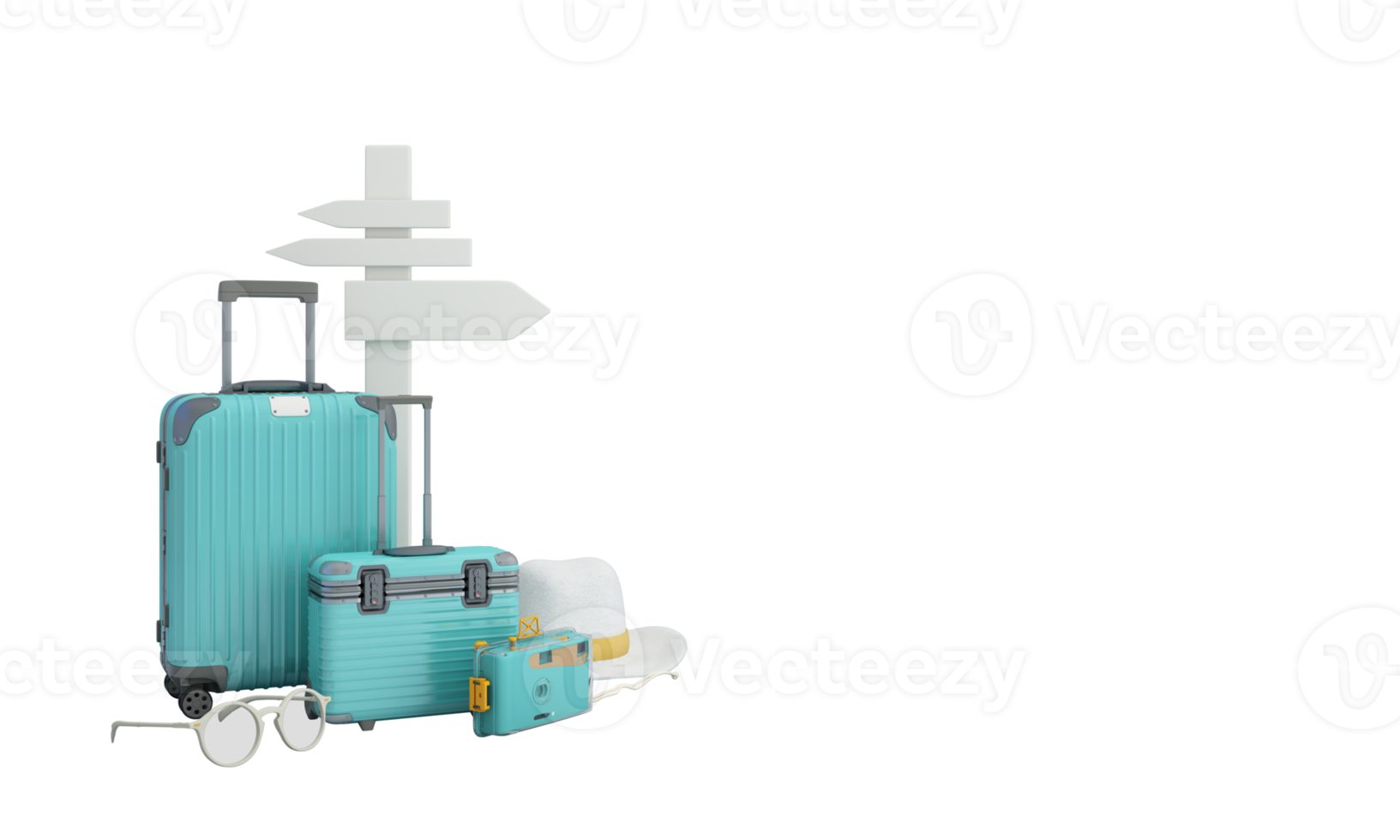 Travel and adventure and departure concept In summer, surrounded by luggage, camera, sunglasses, hat with scooter car and airplane and world map. pastel tones on web banner form. cartoon -3d render png