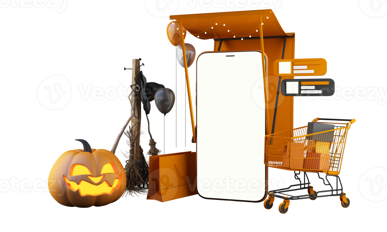 Happy Halloween party posters set with night clouds and pumpkins in cartoon illustration. Full moon and boo ghost with haunted house Place for text. Brochure background. 3d render cartoon character png