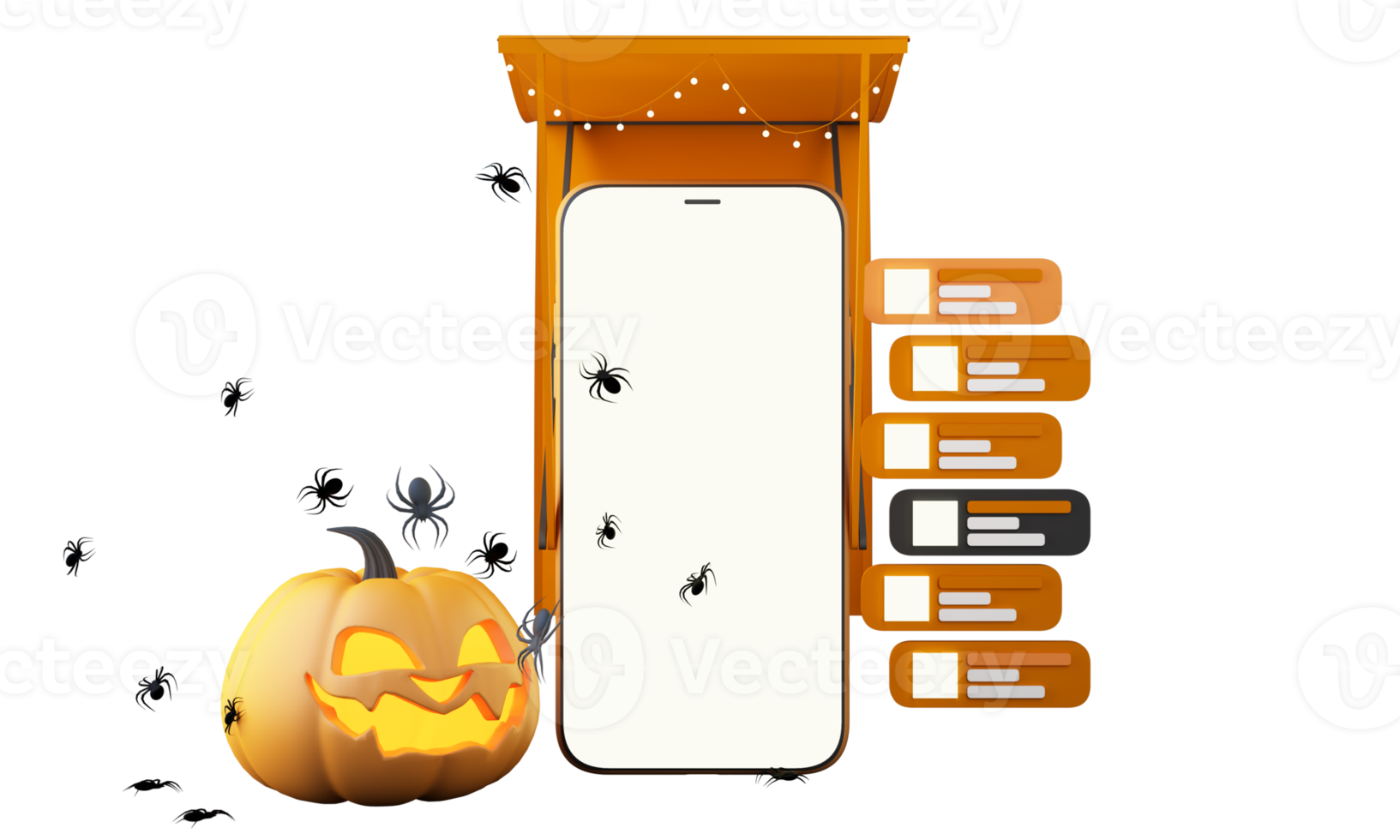 concept of ghost, pumpkin head, candle, broom and witch hat around a smartphone with white screen on black and orange pattern background, Halloween shopping online 3D rendering illustration png