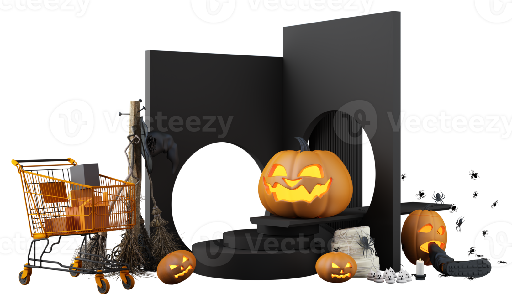 Happy Halloween party posters set with night clouds and pumpkins in cartoon illustration. Full moon and boo ghost with haunted house Place for text. Brochure background. 3d render cartoon character png