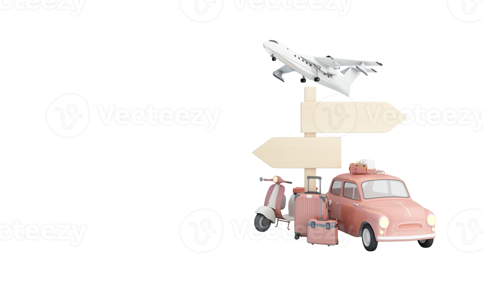 reis- en avontuur- en vertrekconcept in de zomer, omringd door bagage, camera, zonnebril, hoed met scooterauto en vliegtuig en wereldkaart. pasteltinten op webbannerformulier. tekenfilm -3d render png