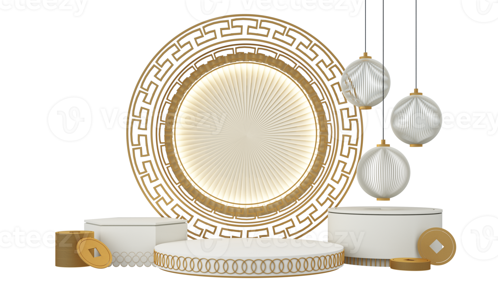 Chinese New Year style red and white podium product showcase with gold and gift, lantern, China pattern scene background. 2023 year Holiday traditional festival concept. 3D rendering png