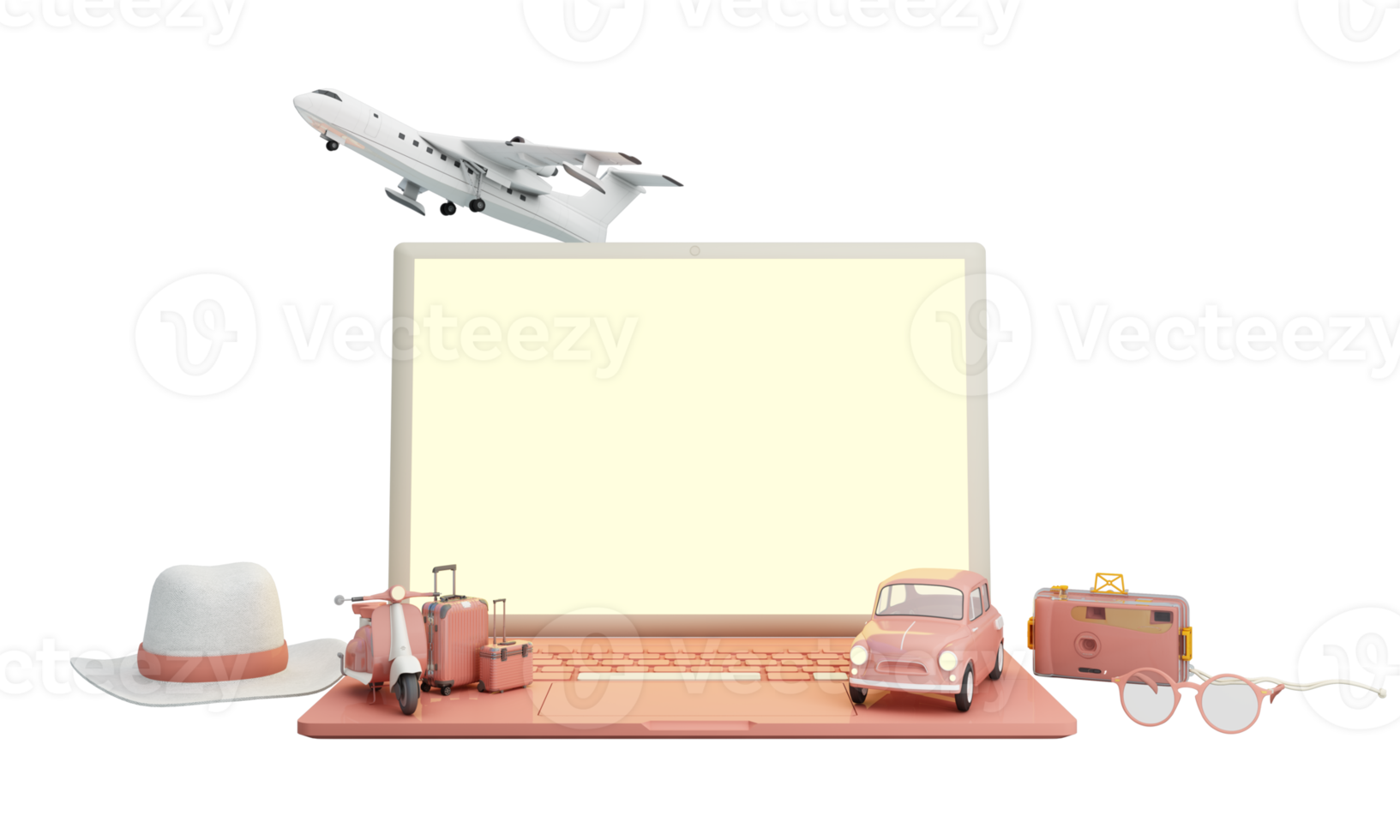 resa och äventyr och avgångskoncept på sommaren, omgiven av bagage, kamera, solglasögon, hatt med skoterbil och flygplan och världskarta. pastellfärger på webbbannerformulär. tecknad -3d rendering png