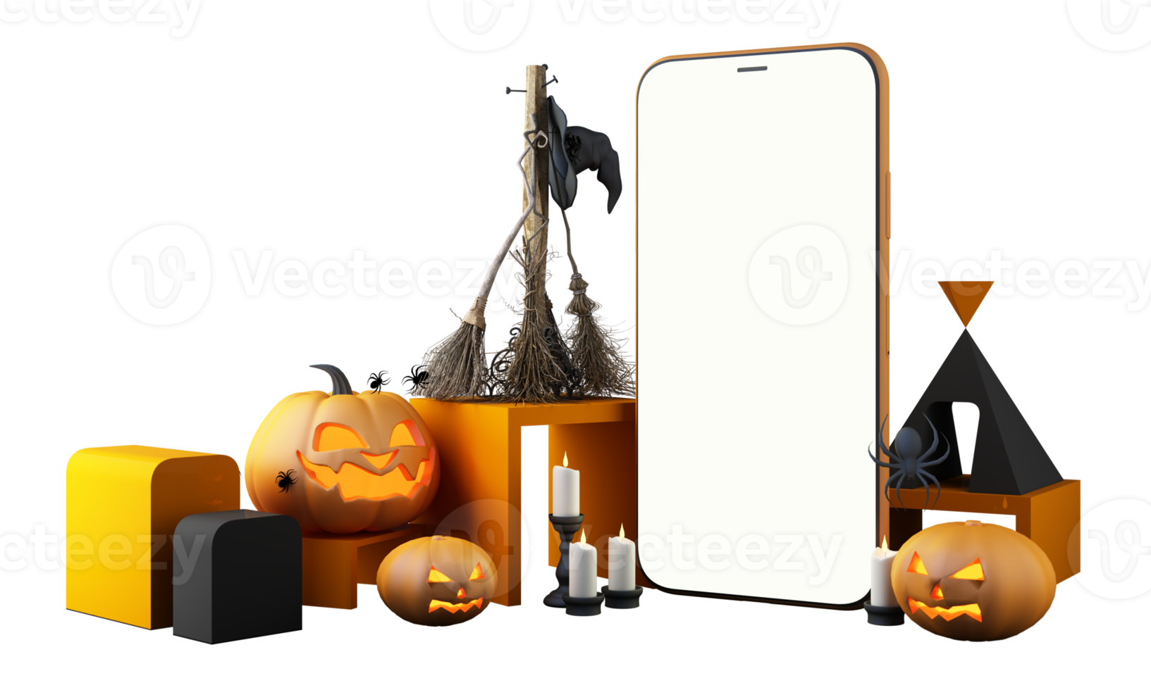 conceito de fantasma, cabeça de abóbora, vela, vassoura e chapéu de bruxa em torno de um smartphone com tela branca em fundo preto e laranja, halloween compras online ilustração de renderização em 3d png