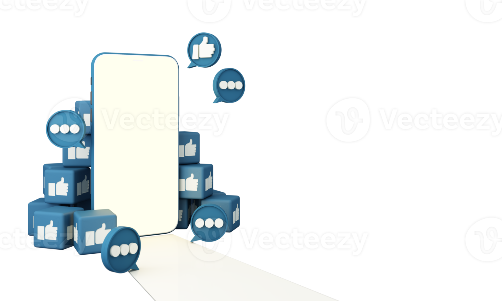 marketing digital, análise da web e conceito de mídia social de marketing com reprodução, mensagem de bate-papo, ícone de amor, lupa e barra de exibição e rosto sorridente. ilustração de renderização 3D png