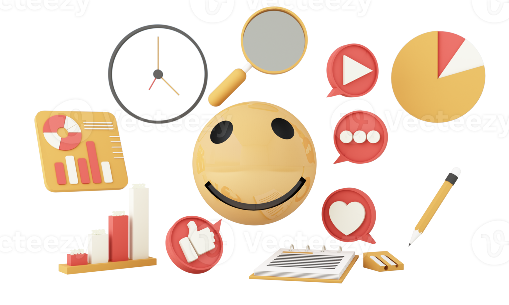 Digital Marketing, web analytics and marketing social media concept with play, chat message, love icon, magnifying glass and display bar and smile face. 3d rendering illustration png