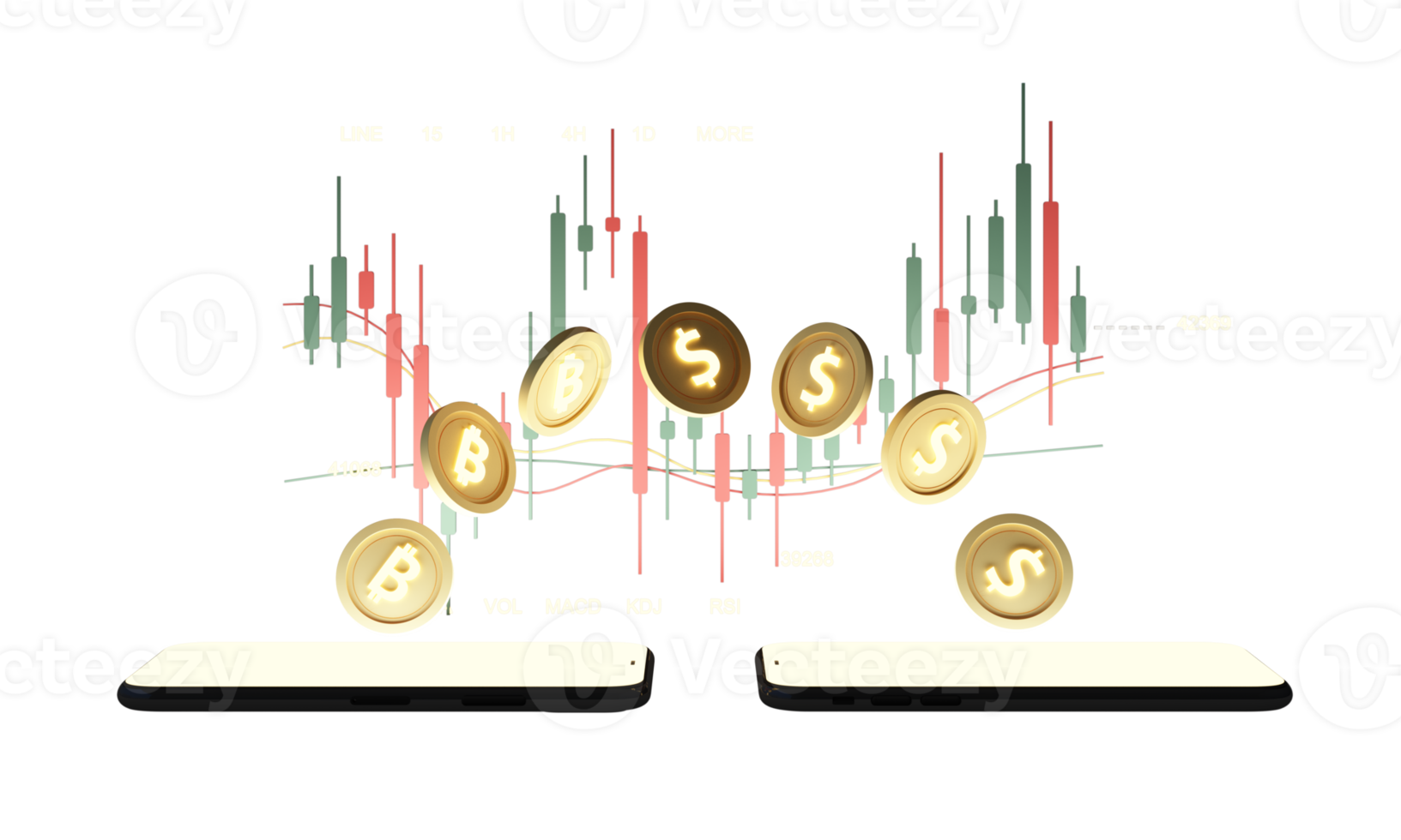 digitale währungsgoldmünzen es ist um ein digitales währungsdiagramm mit balken-kerzenmustern eingeschlossen, die sich auf und ab mit dem smartphone-bildschirm im hintergrund abwechseln. 3D-Rendering png
