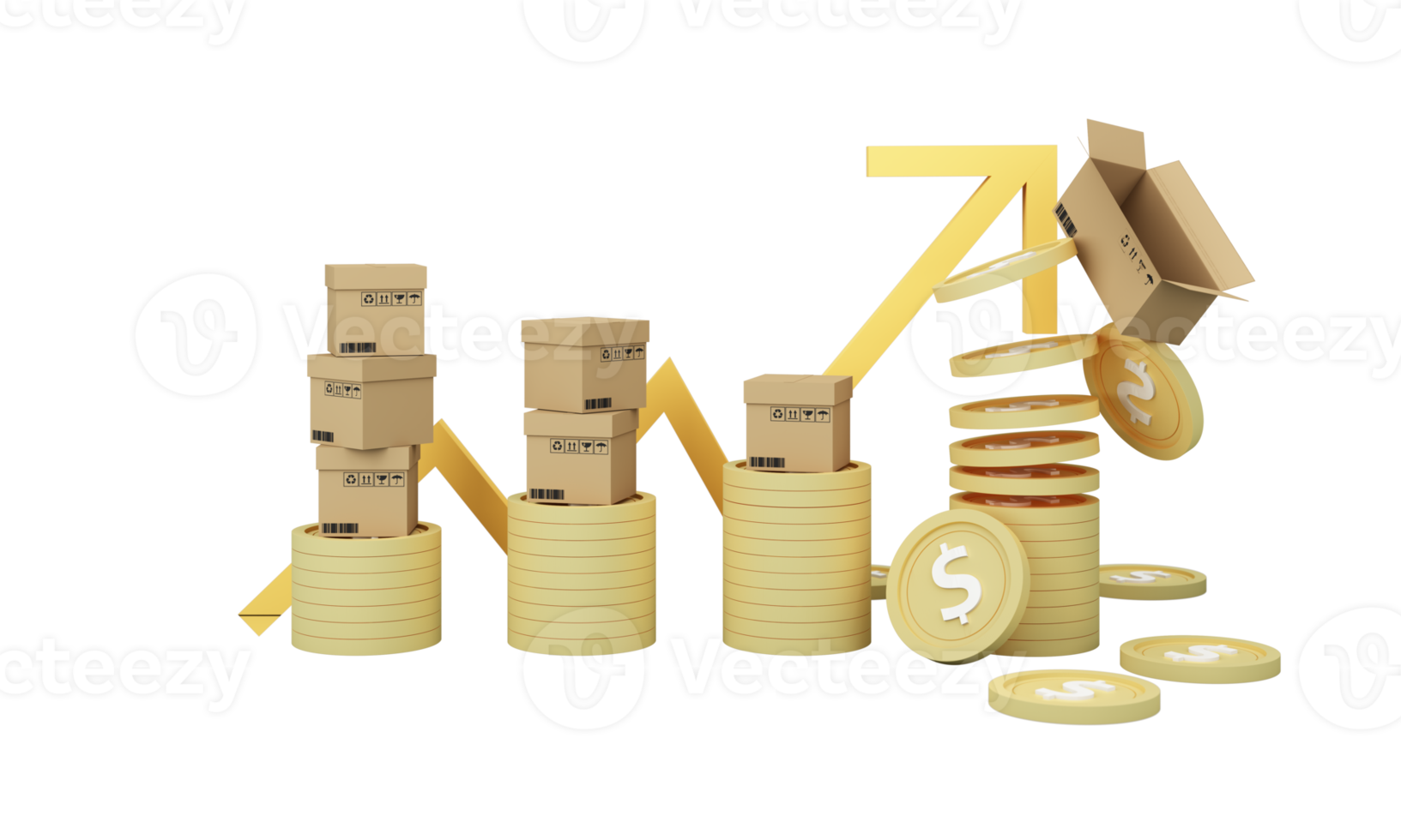 Einkaufswagen mit rotem Aufwärtspfeil, umgeben von Kartons und Aktiendiagrammen Geld als finanzielle Ersparnis, die in Inflations- und Unternehmensgewinnwachstumskonzept steigt. realistischer Breitbild-3D-Rendering png