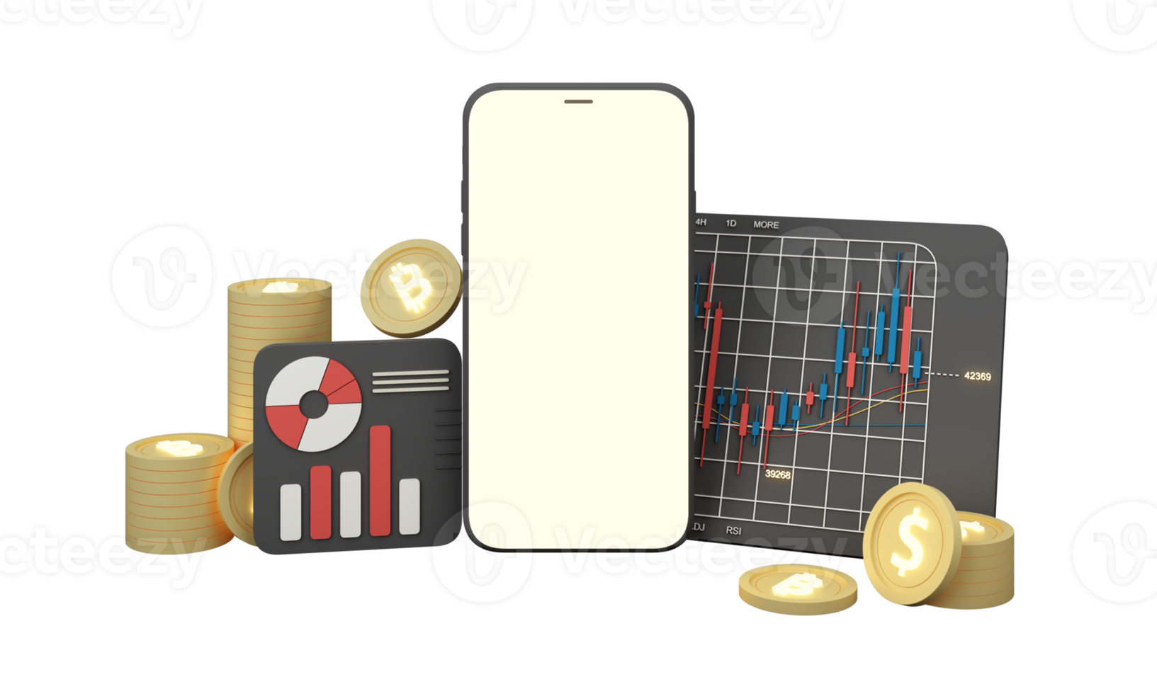 digital valuta guld mynt den är sluten runt om en digital valuta Diagram med barer ljusstake mönster alternerande upp och ner med smartphone skärm på bakgrund. 3d framställa png