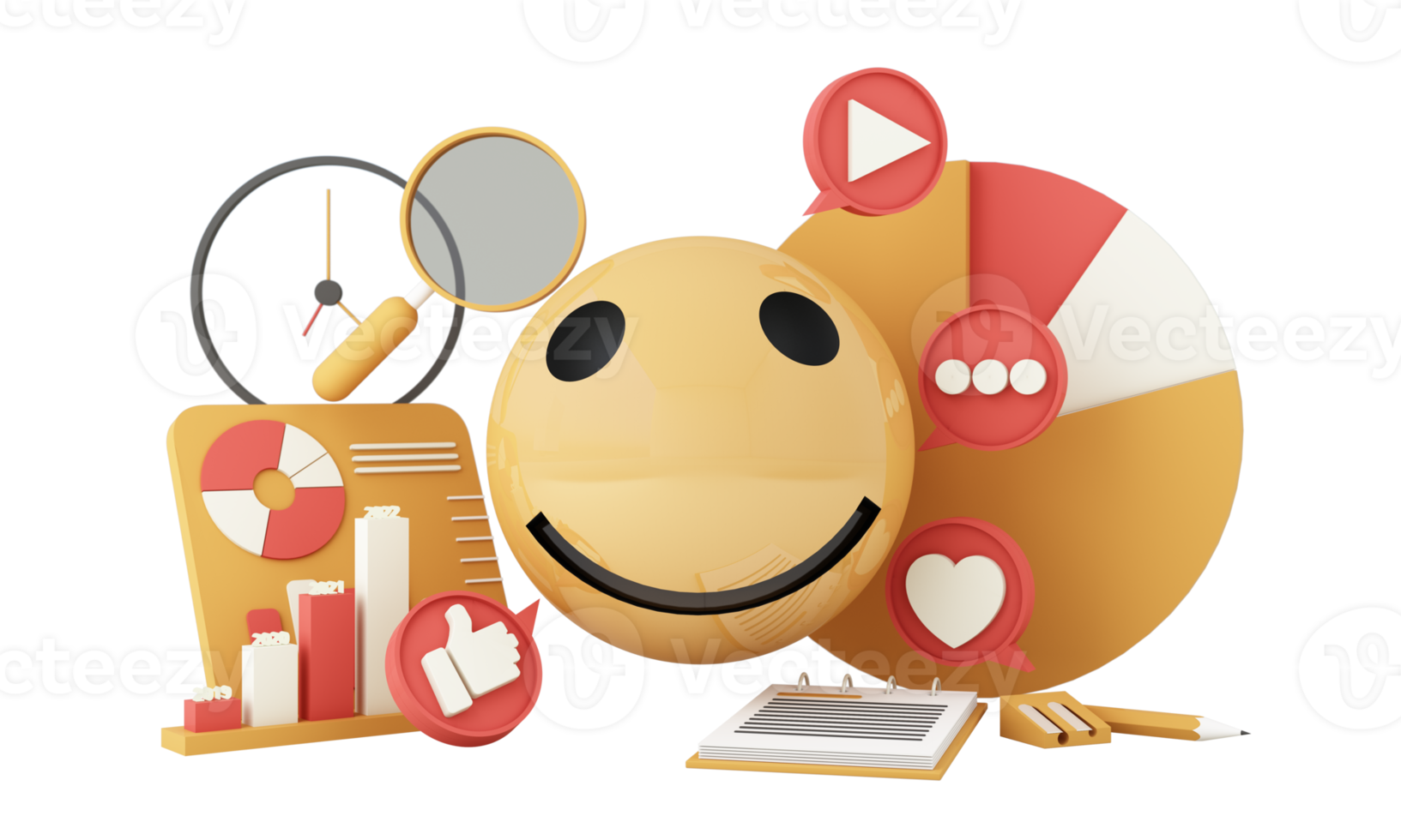 marketing numérique, analyse Web et concept de médias sociaux marketing avec jeu, message de chat, icône d'amour, loupe et barre d'affichage et visage souriant. illustration de rendu 3d png