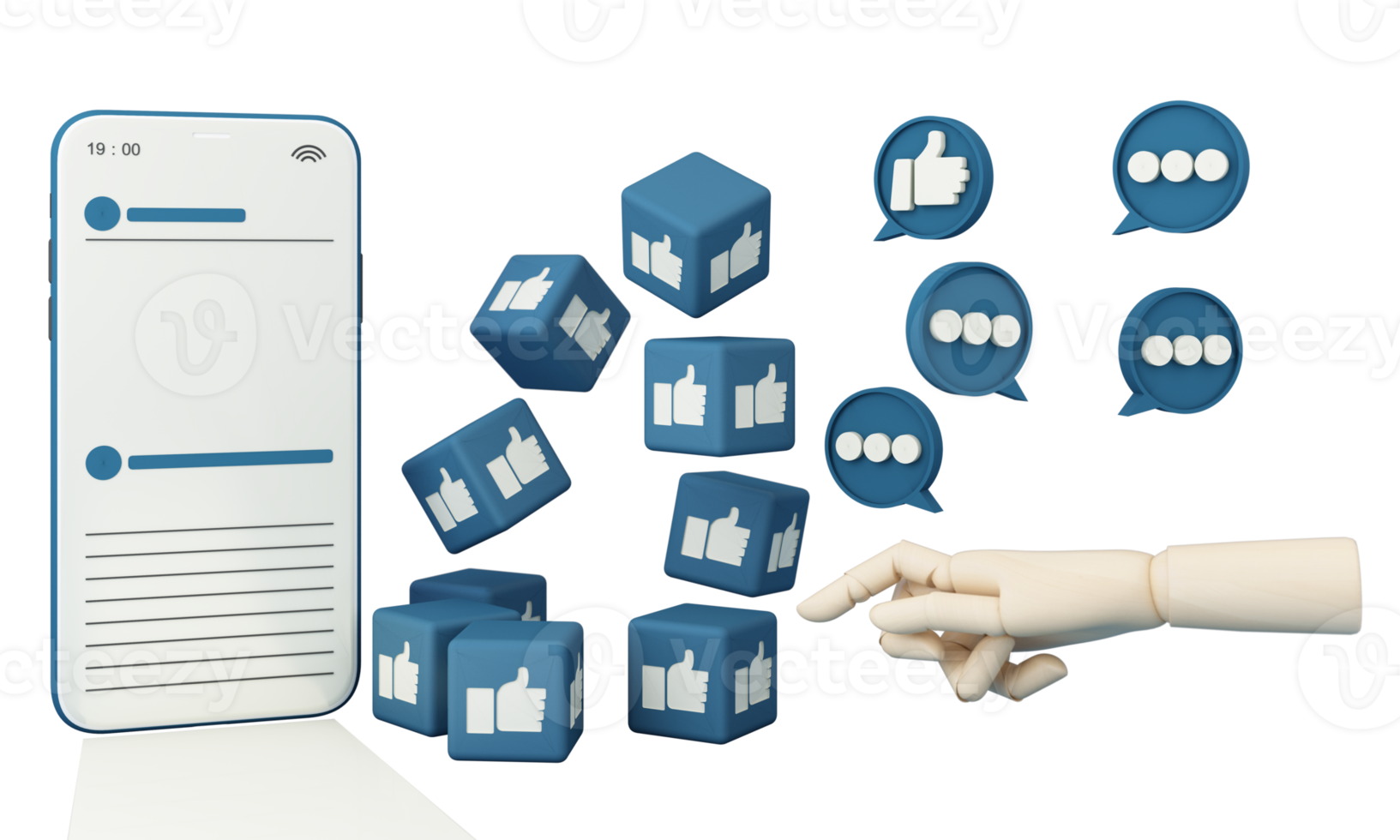 Digital Marketing, web analytics and marketing social media concept with play, chat message, love icon, magnifying glass and display bar and smile face. 3d rendering illustration png