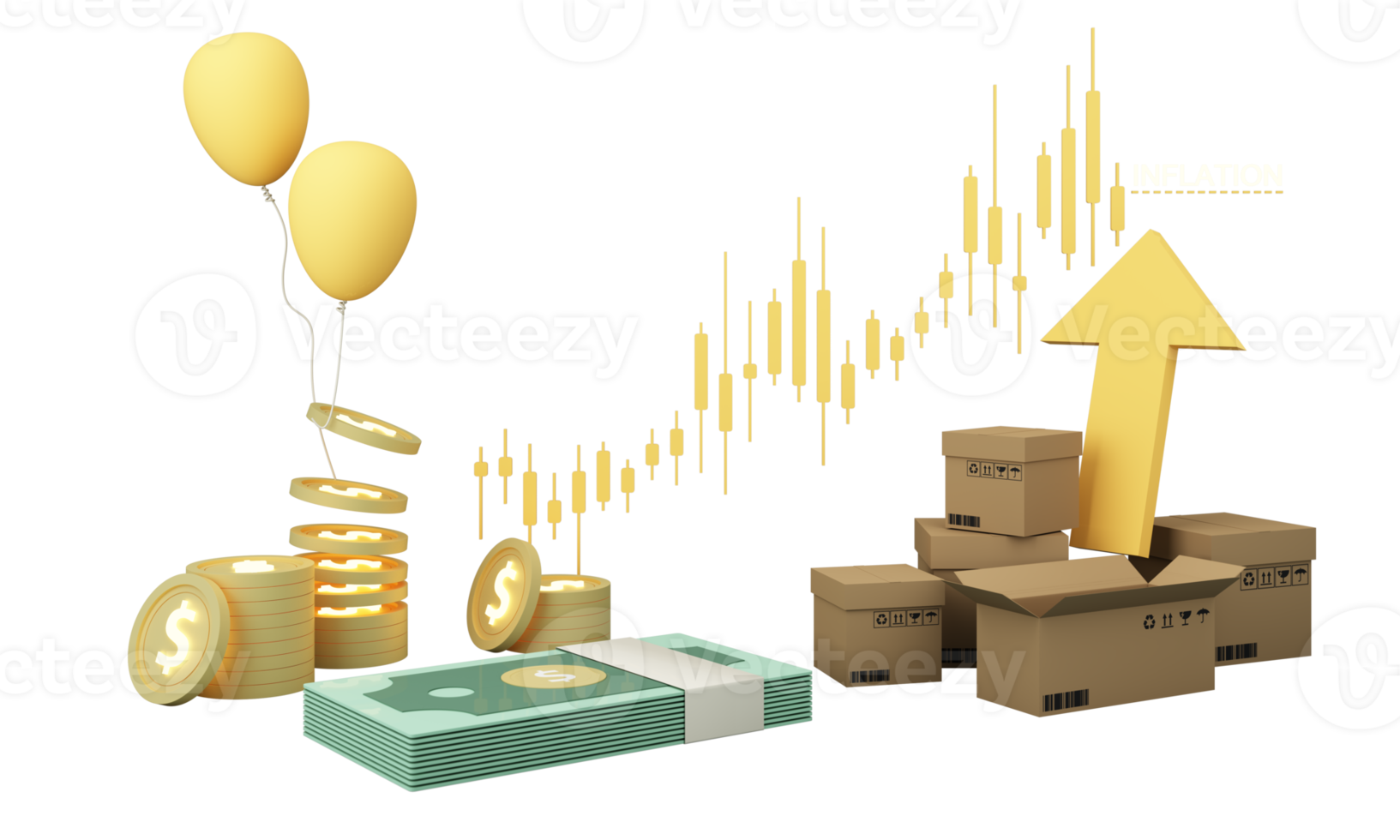 Shopping cart with red upward arrow Surrounded by cardboard boxes and stock charts money as financial saving rising in inflation and business profit growth concept. realistic wide screen -3d render png