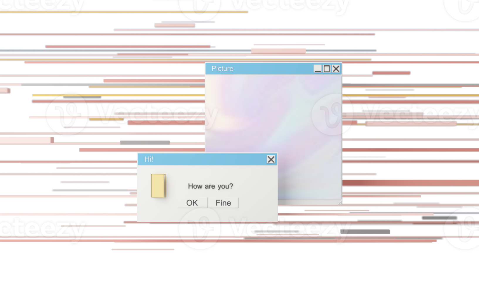 sfondo estetico astratto con finestre di messaggi di sistema in stile anni '90, vecchio computer vintage, mouse, tastiera, finestra di messaggi di sistema di icone pop-up su gradiente rosa e viola in stile y2k realistico rendering 3d png