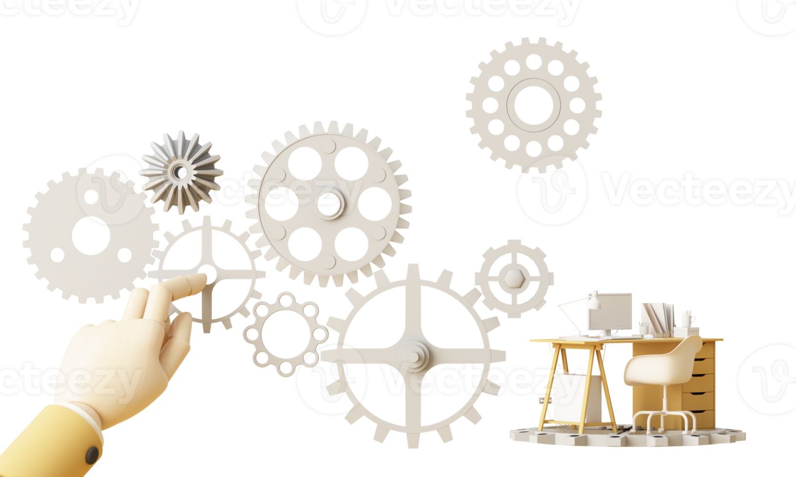 mesa de trabalho amarela com computador portátil no futuro que funciona com inteligência artificial e tecnologia moderna. os objetivos da empresa trabalham duro. no chip e circuito ai de fundo. renderização em 3D png