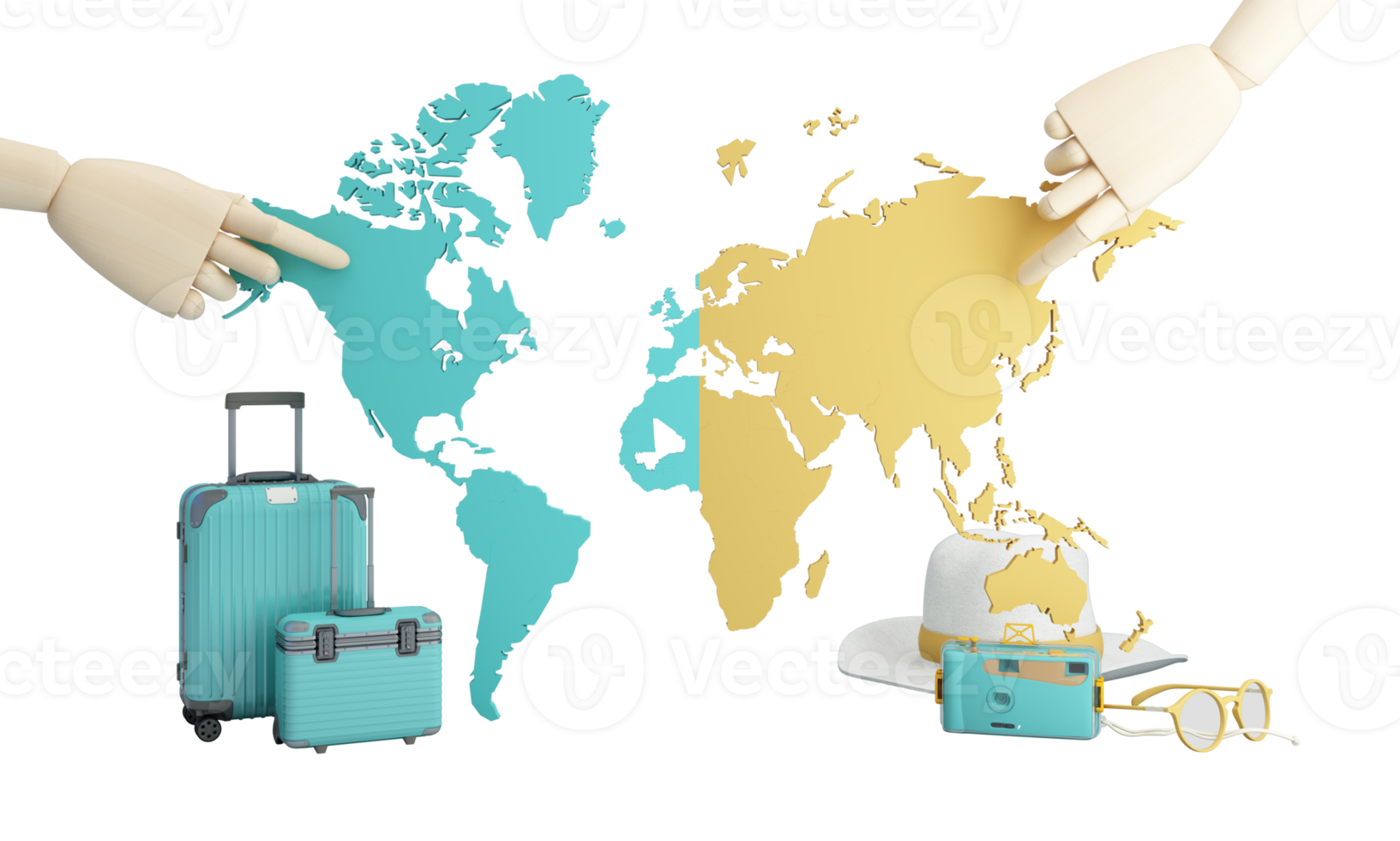 travel insurance form, travel and protection concept umbrella surrounded by luggage, camera, sunglasses, hat with scooter and car plane passport on yellow backgound 3d render illustration png