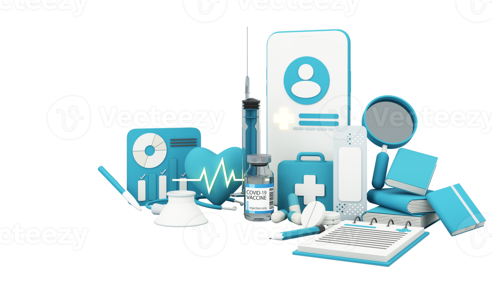 concetto di assicurazione sanitaria con parole copertura, protezione, rischio e sicurezza medicina online su uno schermo virtuale e una mano di legno cartone animato che tocca un pulsante, isolato su sfondo blu rendering 3d png